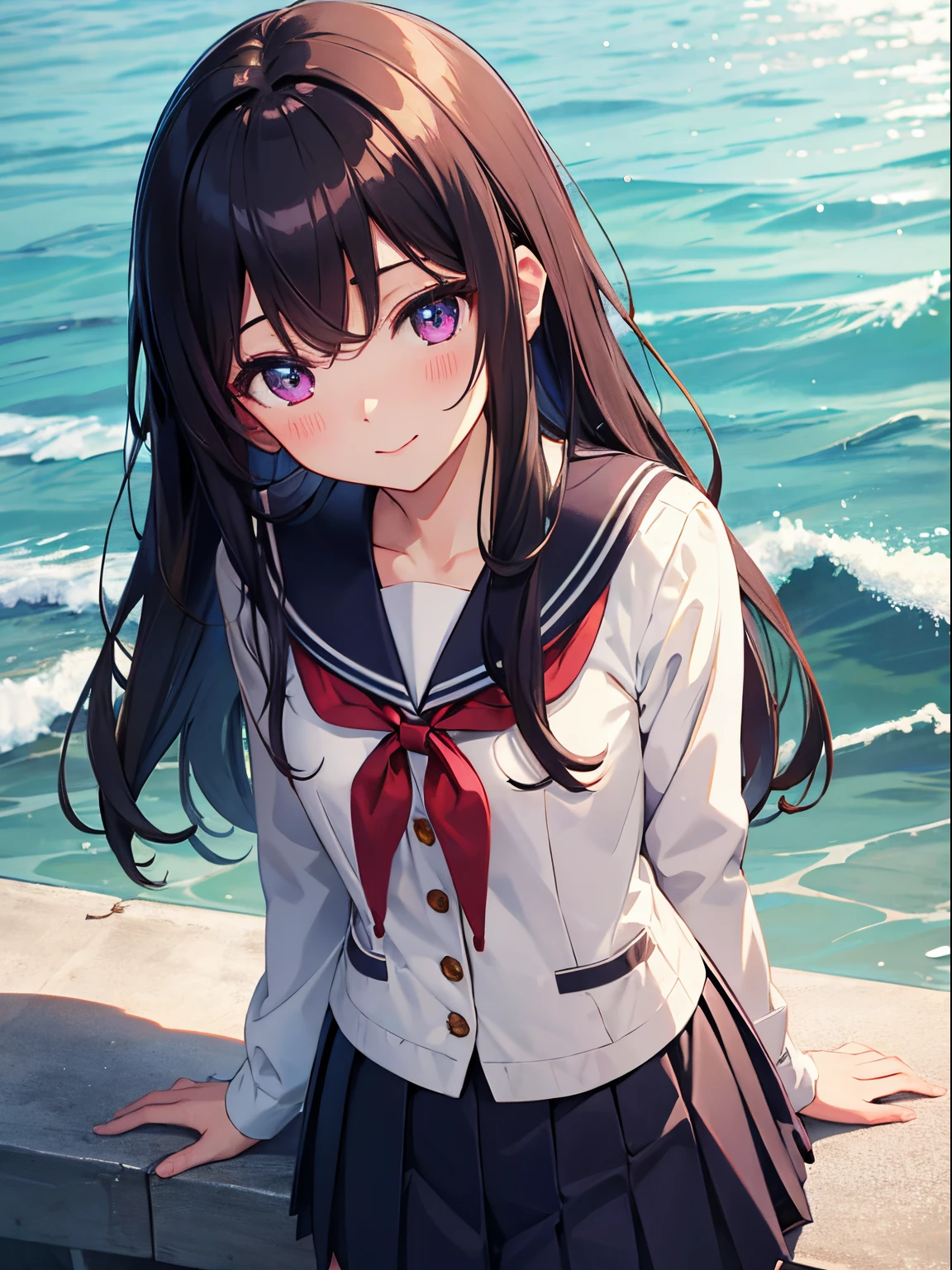 animesque、Along the coast、sea breeze、Wearing a pleated skirt, Brown longhair、Navy Blazer School Uniform with Red Ribbon、Reddish-purple eyes、masuter piece、best qualtiy，cinmatic lighting，细致背景，beatiful detailed eyes，Bright pupils，（Very fine and beautiful），（Beautiful and detailed eyes description），ultra - detailed，tmasterpiece，）），facing at camera，hight resolution，ultra - detailed），flushed complexion，Bocchi，elementary student（Wearing：Sailor Uniform，Black socks，）High quality upper body photo、A slight smil, Vibrant colors、The upper part of the body, Delicate drawing、