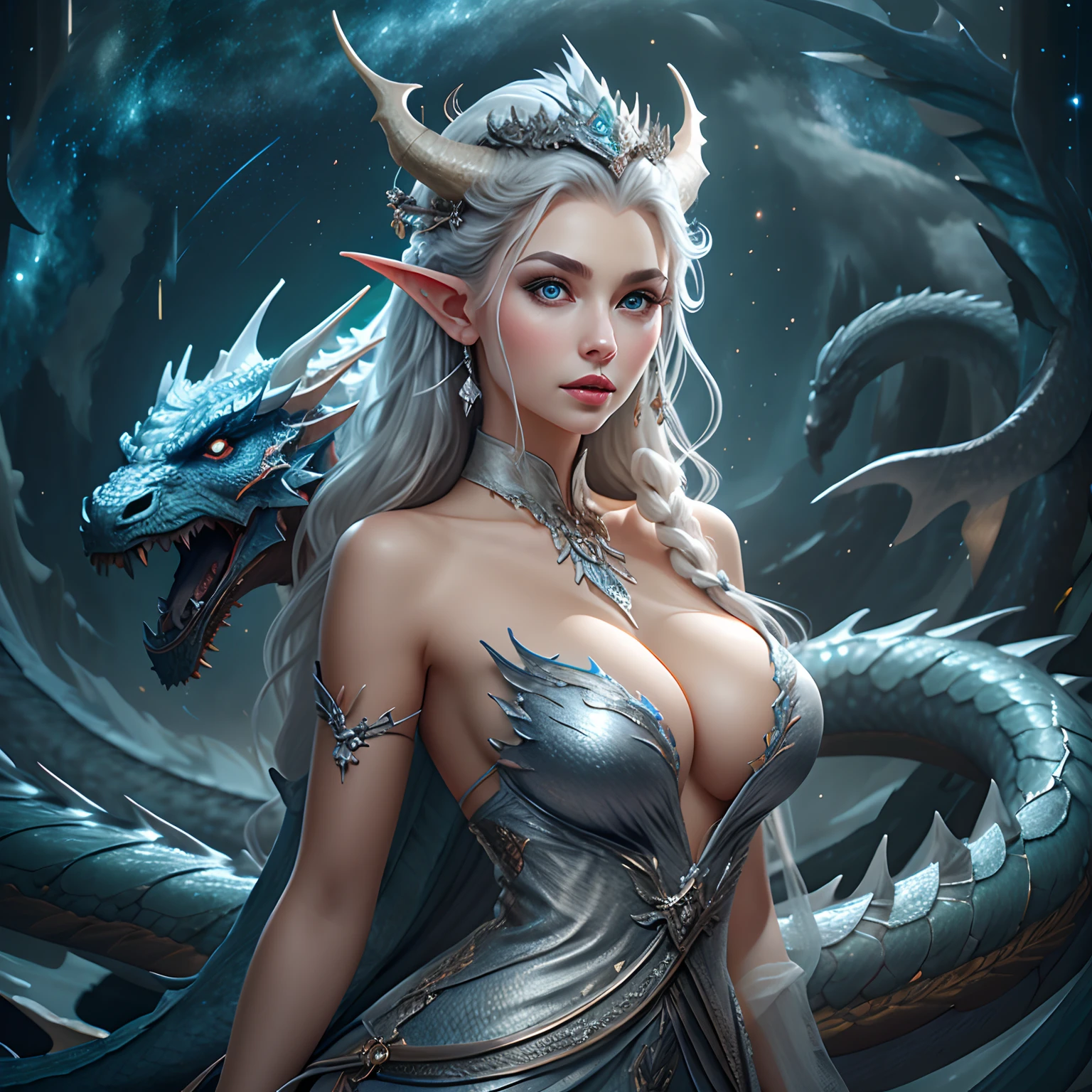 Queen of the White Dragon, mulher madura jovem, orelhas longas de elfos, vestido elegante, mama grande, Curvy, dragon ling vawy hair, Cabelos Super Longos, soft facial features, White dragon horns on his head, mulher majestosa, Silver decoration om your dress, Rainha Estrela Prateada,Grandes olhos azuis, cherry lips, White dragons, Starry sky