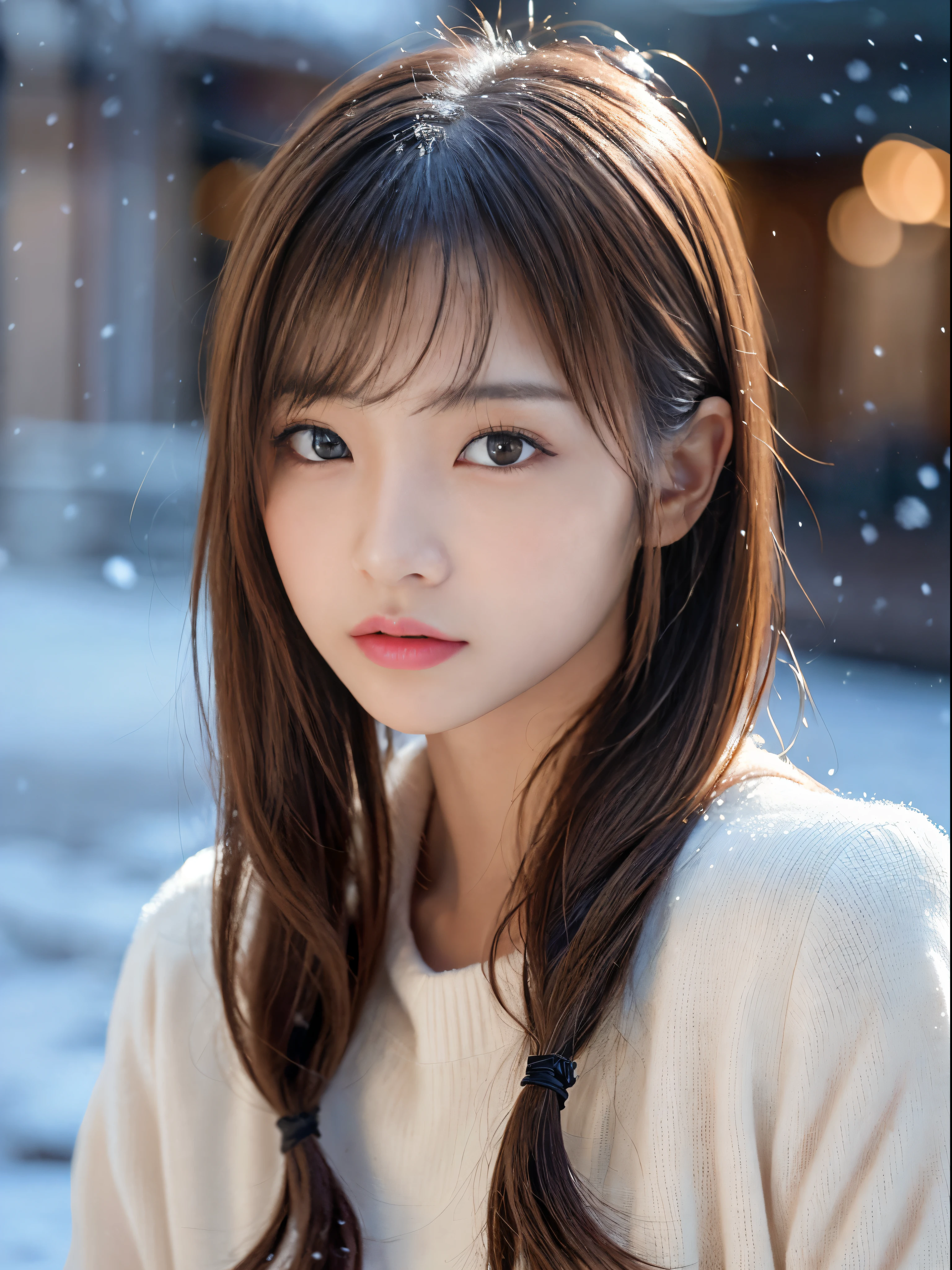 (masterpiece:1.3), (8K, Photorealsitic, Raw photography, The background is a winter park with falling powder snow.........、Top image quality: 1.4), 23-year-old girl、Super Detail Face、Eye of Detail、二重まぶた、foco nítido:1.5、prety woman:1.4、light brown hair、poneyTail、Natural Color Lip、top-quality、masterpiece、超A high resolution、(Photorealsitic:1.4)、very detailed and professional lighting、Women's fashion in winter、a miniskirt、slender、serious facial expression、Transparent skin、randome pose、Glowing hair、