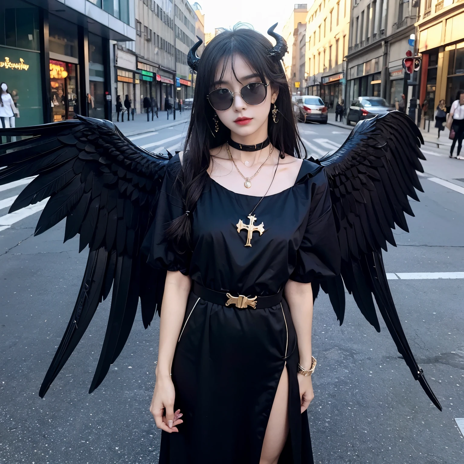 Sunglasses, 1 girl with jesus, black dress, wings, black wings, angel, halo, demon horns, standing on the street, choker, midget, super villain, stand, look at the viewer, cross necklace, earrings, jewellery, jesus, jesus christ, cross tatto, sunglasses