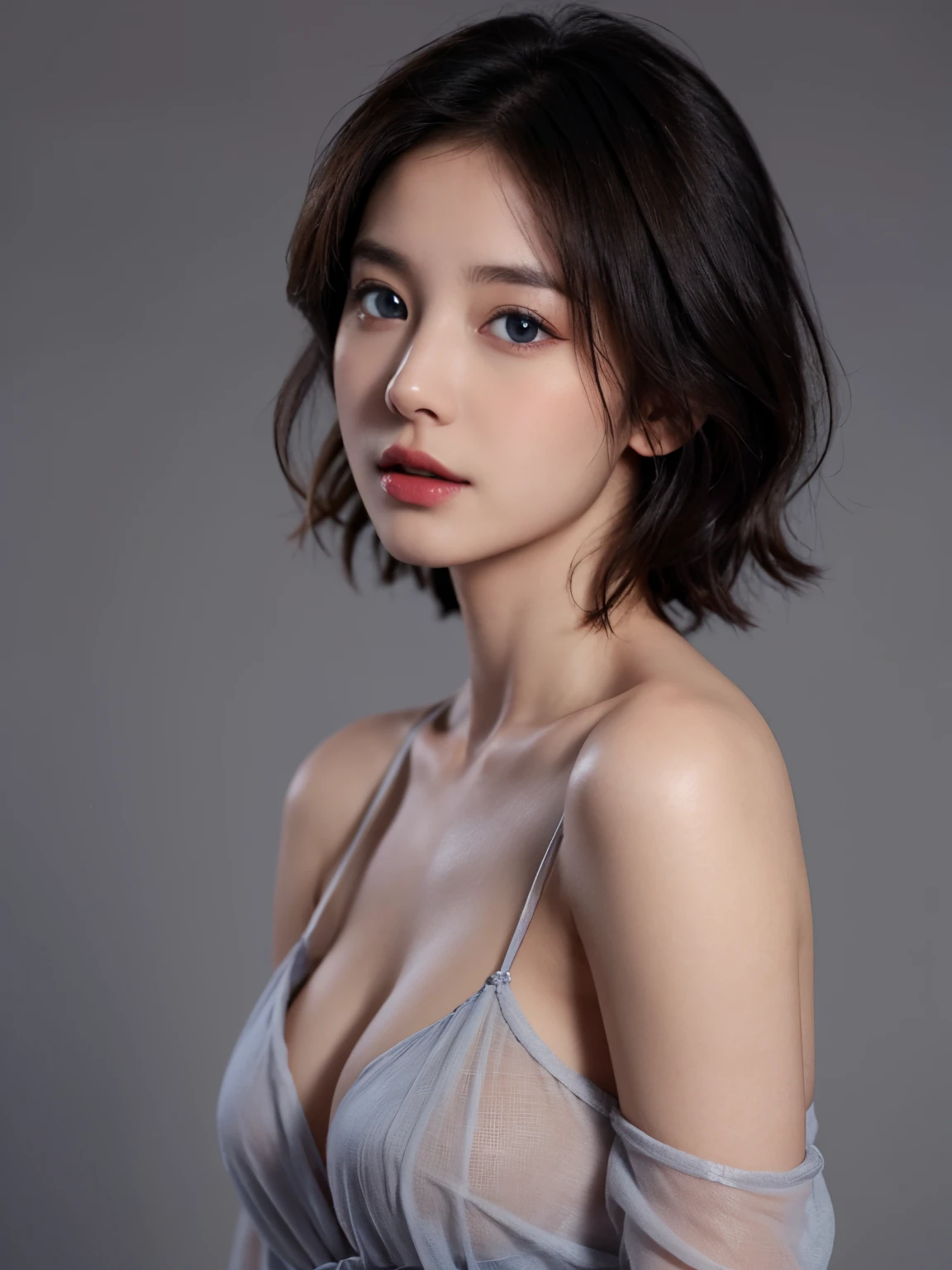 top-quality、​masterpiece、超A high resolution、(Photorealsitic:1.5)、Raw foto、Skin Tight Black Top:1.2, Looking at Viewer, Cinematic lighting, Perfect, softlight, High resolution skin:1.2, Realistic skin texture, 30 years old mature woman、a small face、natural make up, off shoulders, Exposed cleavage, Blue eyes, Short hair,dark brown  hair、Bust B Cup、Small breasts、fullnude、Gray background