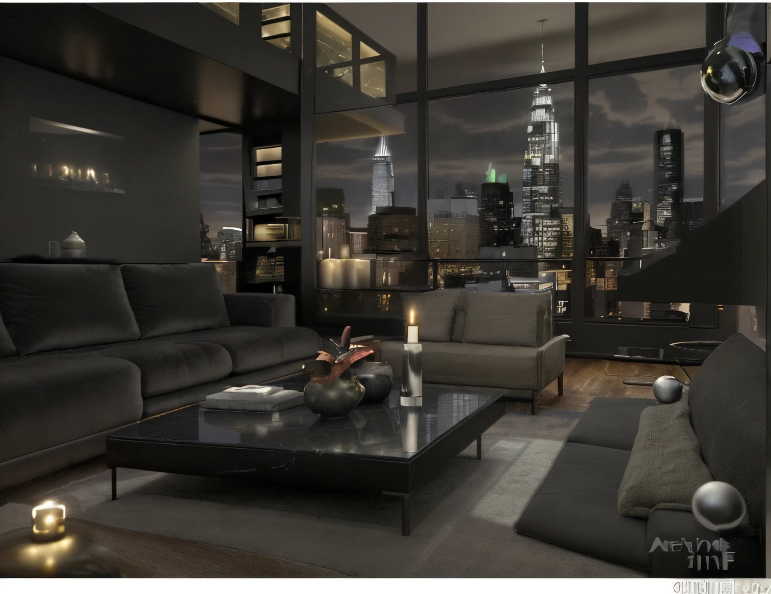 Create a Modern New York coffee house style penthouse loft living room with black marble fireplace in the middle. The Decore is dark inside with several Christmas lights in the living room There is a beautiful colorful Christmas tree in the corner. There are stockings on the mantle of the fireplace and candles on the mantle. There are comfy grey couches with blankets and pillows. The background has huge floor to ceiling windows with a view of the City outside. There is a coffee table in the middle if the room with candles and a cup of hot chocolate. It dark and is night time outside
