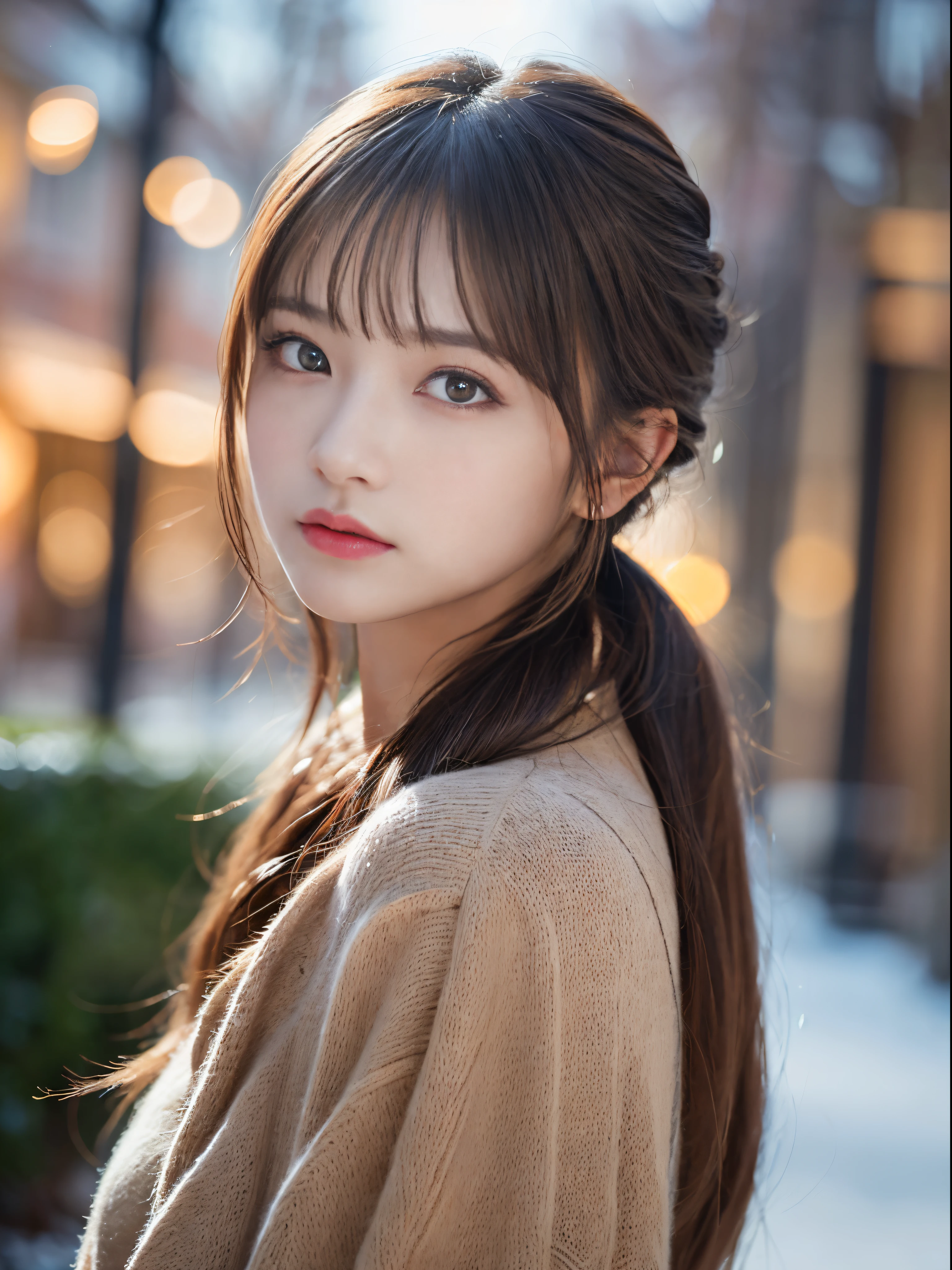 (masterpiece:1.3), (8K, Photorealsitic, Raw photography, The background is a winter park.........、Top image quality: 1.4), 23-year-old girl、Super Detail Face、Eye of Detail、二重まぶた、foco nítido:1.5、prety woman:1.4、light brown hair、poneyTail、Natural Color Lip、top-quality、masterpiece、超A high resolution、(Photorealsitic:1.4)、very detailed and professional lighting、Women's fashion in winter、slender、serious facial expression、Transparent skin、randome pose、Glowing hair、