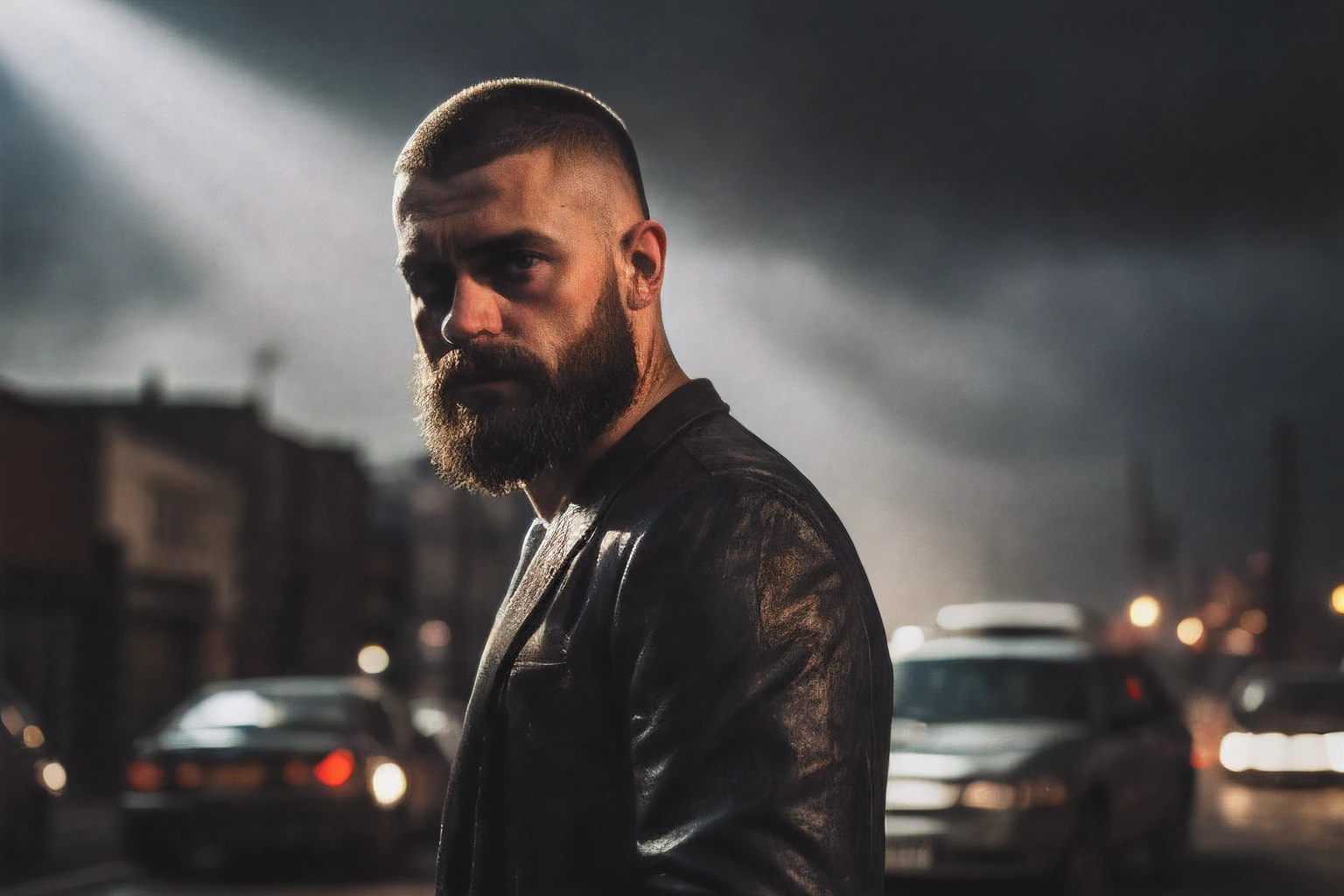 masterpiece, best quality, handsome gang member, adult male, beard, chav, rough, dirty, Mancunian, mean, bulliy, druggy, skinhead, in the neighbourhood, romantic, realistic, dramatic lighting, atmospheric, intricate detail, epic shot, still image