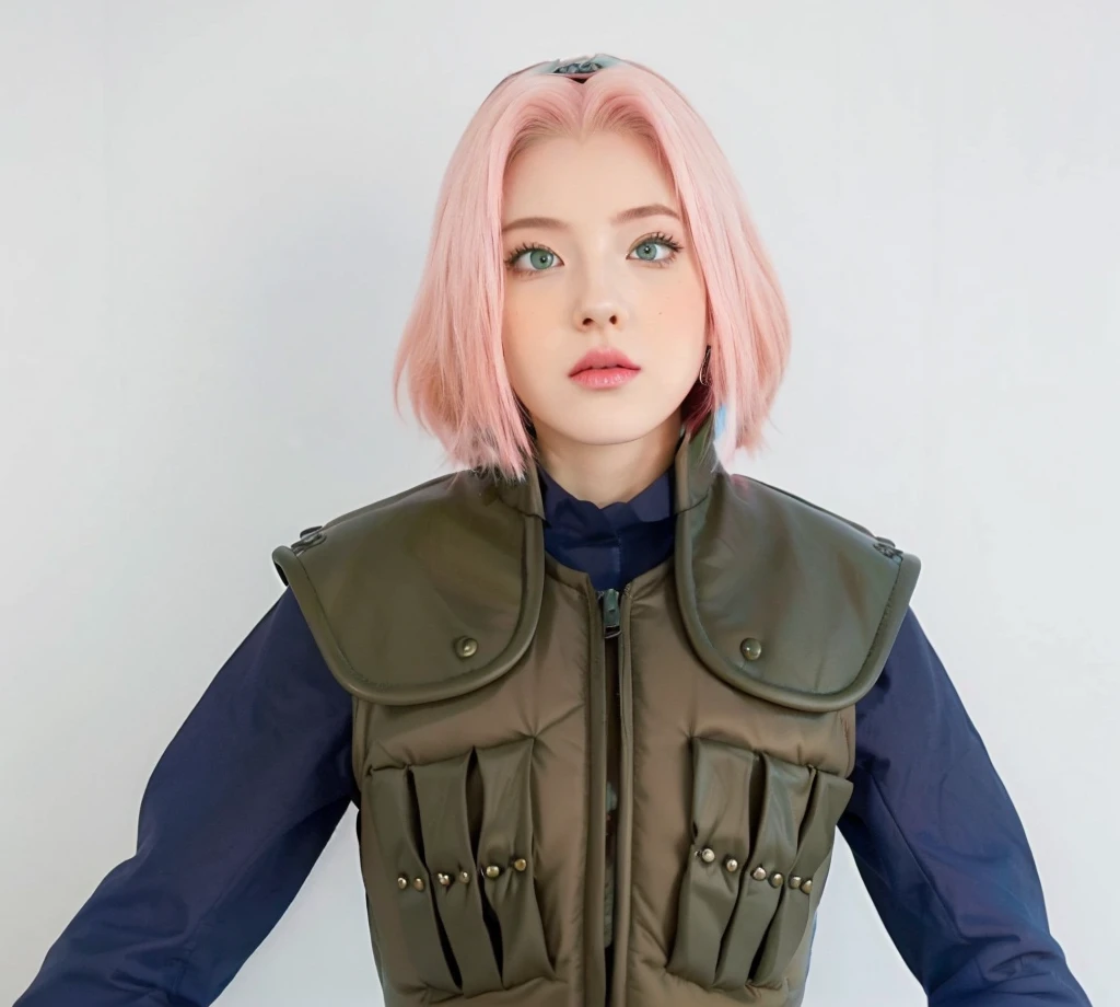 young woman, porcelain skin, long bubblegum pink hair, big pink lips, big emerald green eyes, pink eyebrows, red clothes, Sakura Haruno, 3d, realism, black gloves