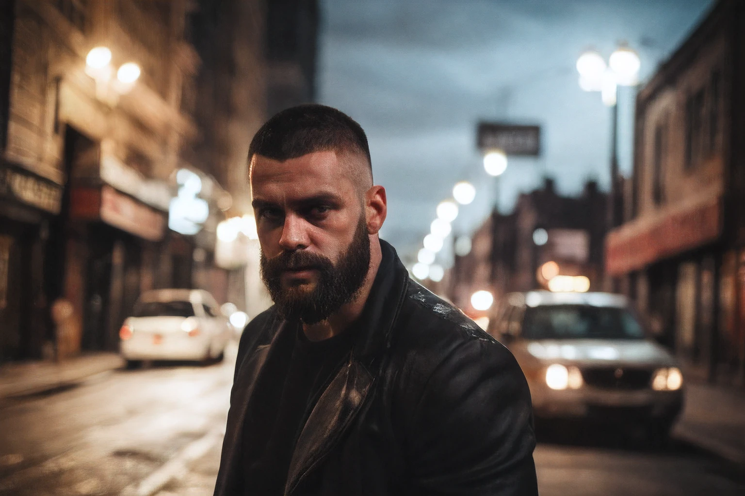 masterpiece, best quality, handsome gang member, adult male, beard, chav, rough, dirty, Mancunian, mean, bulliy, druggy, skinhead, in the neighbourhood, romantic, realistic, dramatic lighting, atmospheric, intricate detail, epic shot, still image