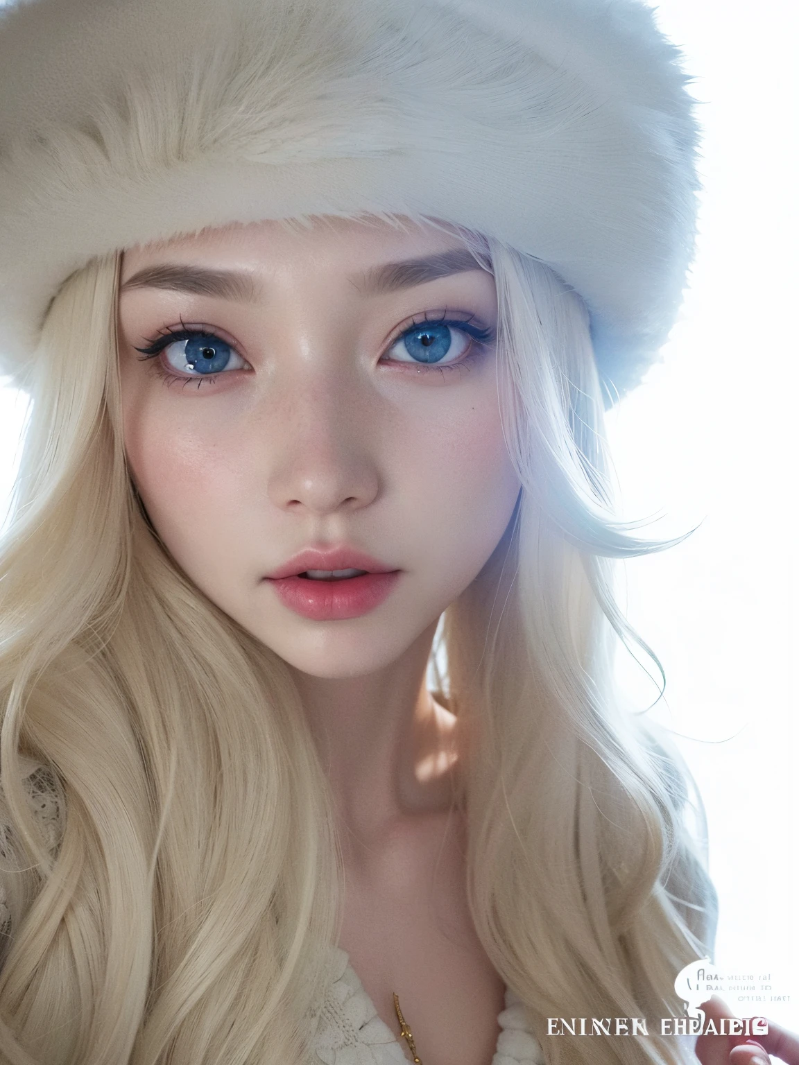 a close-up of a woman with long blonde hair wearing a fur hat, pale snow white skin, pale porcelain white skin, Ulzzang, pale fair skin!!, ivory pale skin, Lalisa Manobal, longos cabelos loiros e olhos grandes, wan adorable korean face, soft flawless pale skin, soft pale white skin, pale ivory skin, pale glowing skin