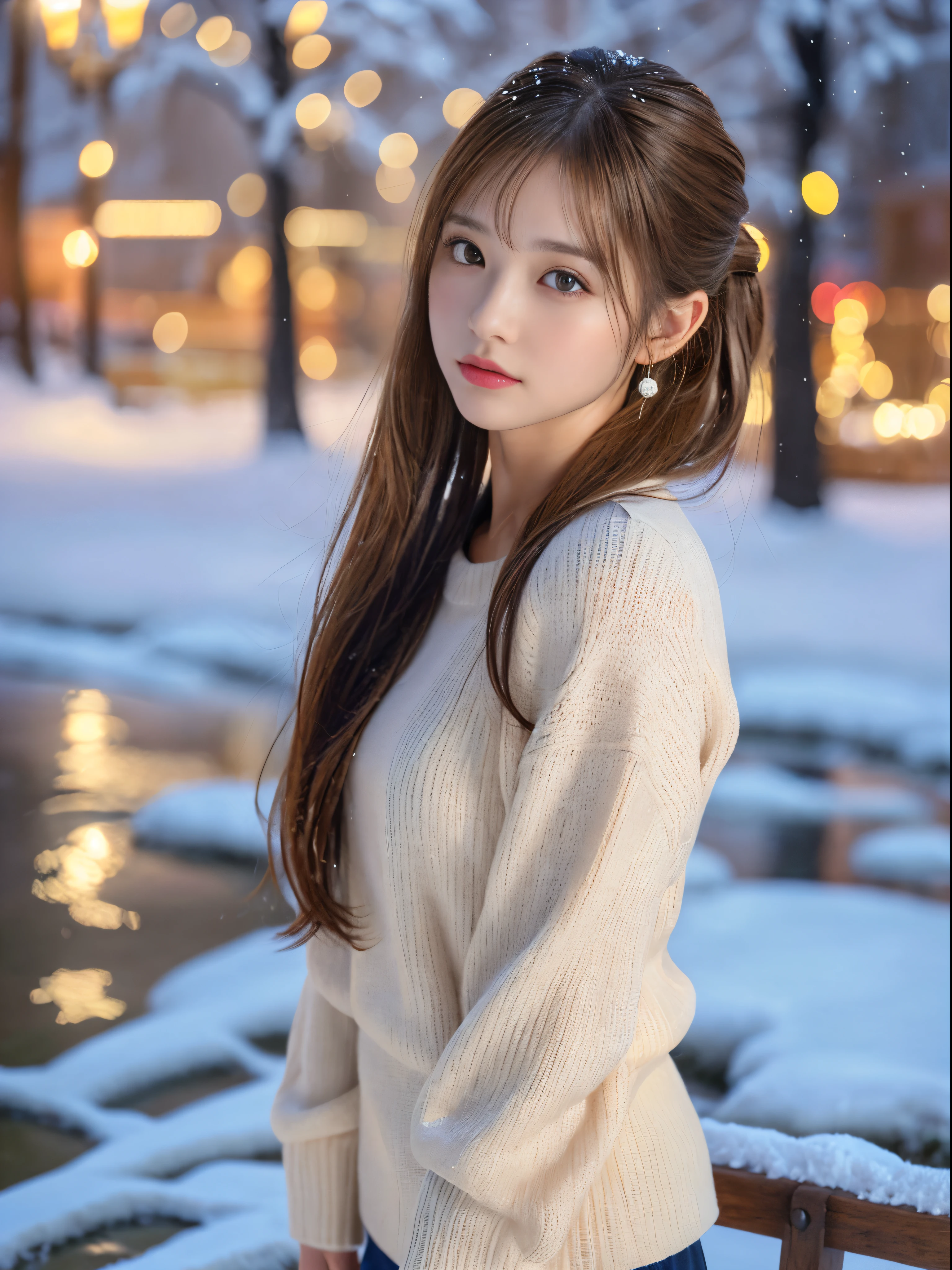 (​masterpiece:1.3), (8K, Photorealsitic, Raw photography, The background is a winter park with falling powder snow........、Top image quality: 1.4), 23-year-old girl、Super Detail Face、Eye of Detail、二重まぶた、foco nítido:1.5、prety woman:1.4、light brown hair、poneyTail、Natural Color Lip、top-quality、​masterpiece、超A high resolution、(Photorealsitic:1.4)、very detailed and professional lighting、Women's fashion in winter、a miniskirt、slender、serious facial expression、Transparent skin、randome pose、Glowing hair、