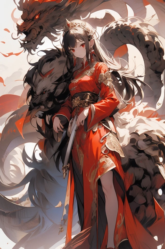 , (masterpiece:1.2), best quality,PIXIV,midjourney portrait,
1girl, solo, long hair, weapon, sword, dress, looking at viewer, red dress, red eyes, jewelry, earrings, closed mouth, hair ornament, white background, long sleeves, bangs, standing, breasts, wide sleeves, very long hair, black hair, brown hair, holding, full body, chinese clothes, simple background, Tiara