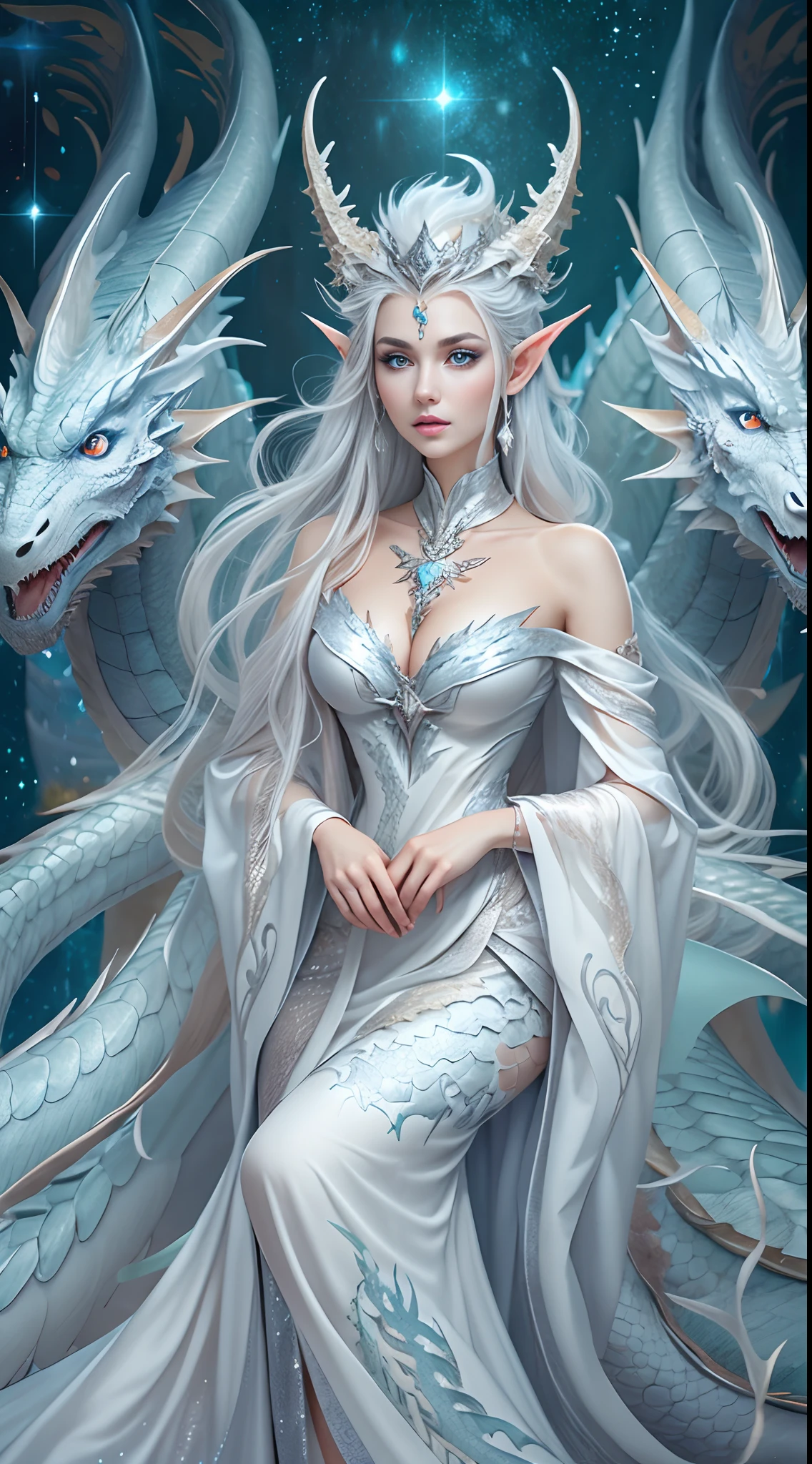 Queen of the White Dragon, mulher madura jovem, orelhas longas de elfos, vestido elegante, mama grande, Curvy, dragon ling vawy hair, Cabelos Super Longos, soft facial features, White dragon horns on his head, mulher majestosa, Silver decoration om your dress, Rainha Estrela Prateada,Grandes olhos azuis, cherry lips, White dragons, Starry sky