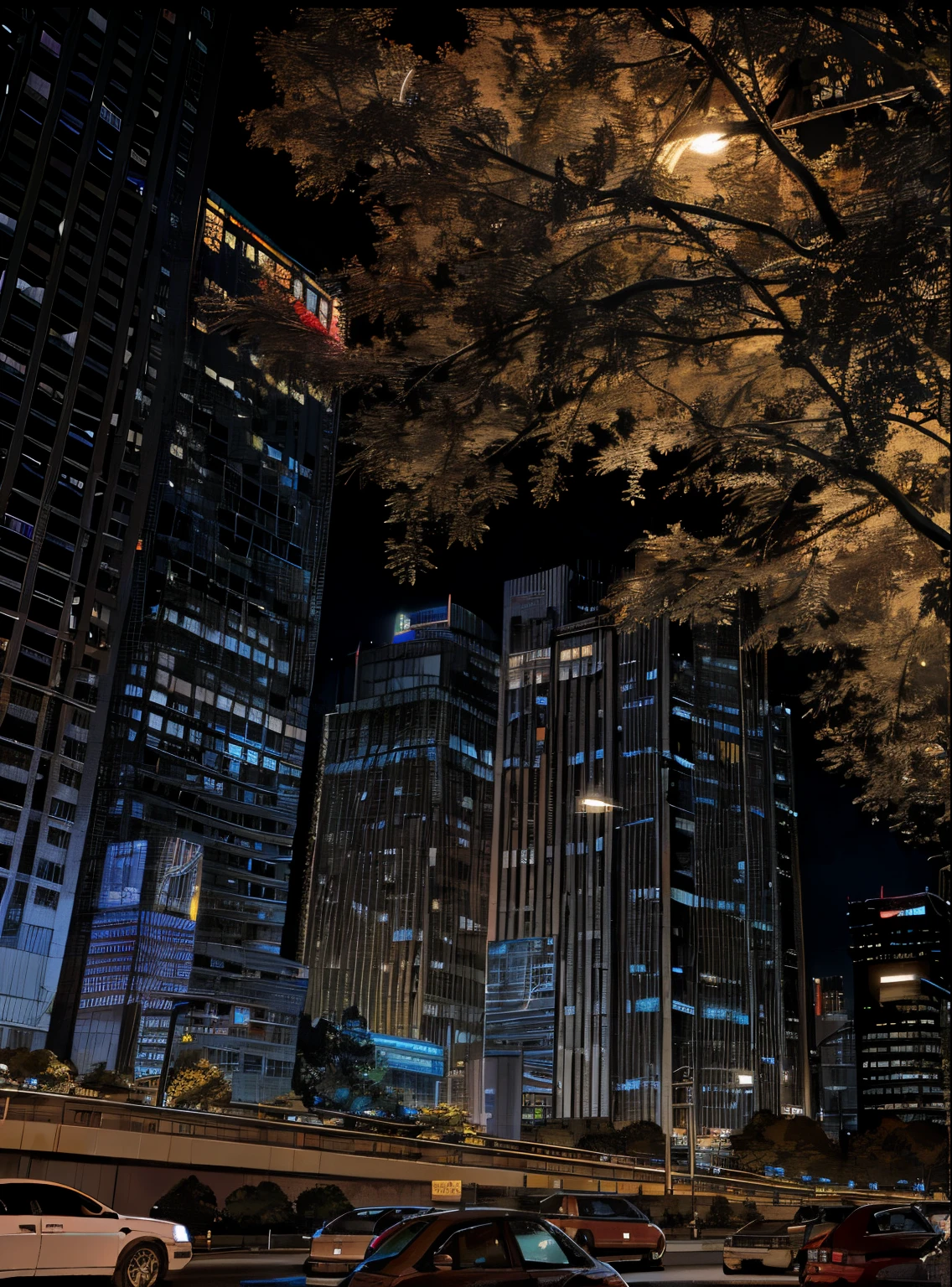 Car parked in parking lot in front of high-rise building, Endless tall buildings, night life buildings, Beautifully lit building, city buildings on top of trees, city night, The city at night, Neat and dense buildings, skyscrapers in the background, Night in the city, High-rise business district, Night photos, street city night