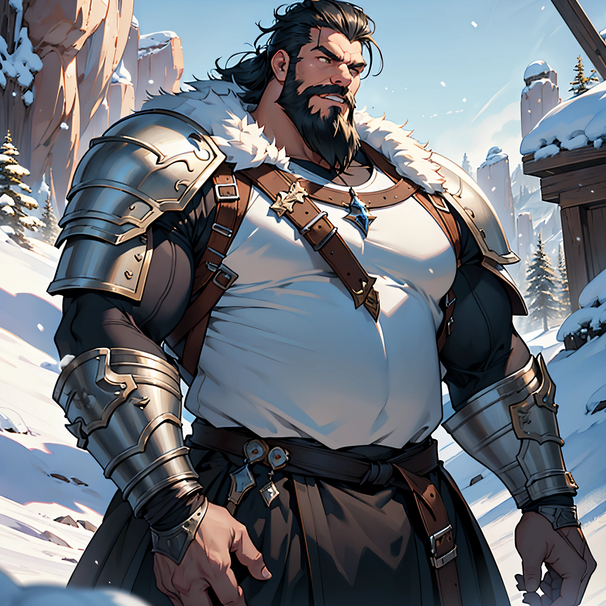 masterpiece, Best Quality, detailed, person upper body, Cinematics, 4k, Background with:field under snow canyon, The large, Very fat giant warrior in steel armor., (wolf cut hairstyle, bearded, very ugly)