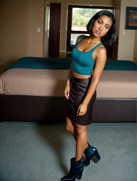 Realistic portrayal:1.2, photorealistic, deliberate, 4k, Alex from Totally Spies! black hair styled into a bob cut, light brown eyes, and dark brown skin, wearing a teal tank top, purple skirt, & teal high heeled boots to complete the look,wide-angle shot