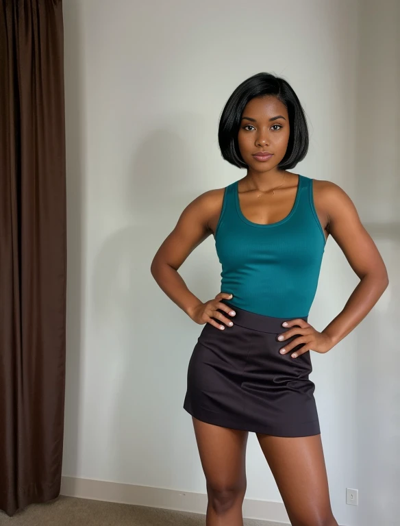 Realistic portrayal:1.2, photorealistic, deliberate, 4k, Alex from Totally Spies! black hair styled into a bob cut, light brown eyes, and dark brown skin, wearing a teal tank top, purple skirt, & teal high heeled boots to complete the look,wide-angle shot