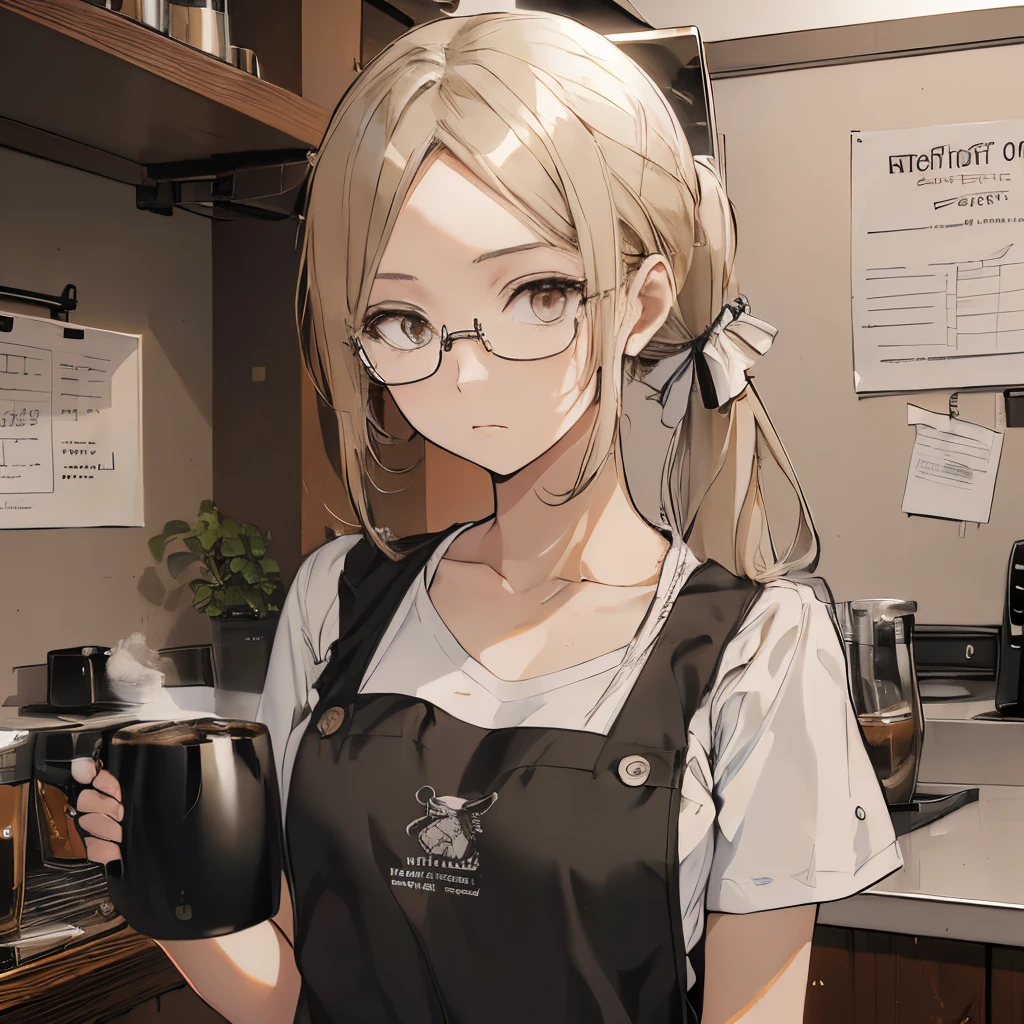 ⓪Action： Drinking coffee, (coffee mug:1.4), Holding a mug in your hand, ①Quality：(Ultra-detailed:1.3), masutepiece, 8K, extremely details CG, (1 girl), Perfect hands:1.2), (Perfect Anatomy:1.2), (Beautiful face: 1.1), The specifics of the complex iris, fascinating eye reflection, Glowing highlights of the eyes, Depth and three-dimensionality of pupils, Subtle color changes in the iris, Particular eyelash details,　Depth and three-dimensionality of pupils, ②Lighting：Brightening light, Moody lighting, Nature lighting, Best Illumination, ③ part: (flat chest: 1.4), Floating hair, Detailed face, Detailed eyes, Shiny hair, ④Style: Animation, Illustration, ⑤Subject： (Low Ponytail hair:1.3), (Blonde hair, Straight hair, Long hair,Hair in the middle, Black eyes, Sanpaku eyes ), ⑥Environment： cafes,kitchin,a bar counter , ⑦Construction：Upper body, (closeup view: 1.3), Looking at Viewer, Very Wide Shot, From below, ⑧Costume : (Cafe Apron: 1.3), (Glasses:1.5), ⑨Others：(Slender body、small head、Seven-headed body), Wear an apron over a T-shirt,