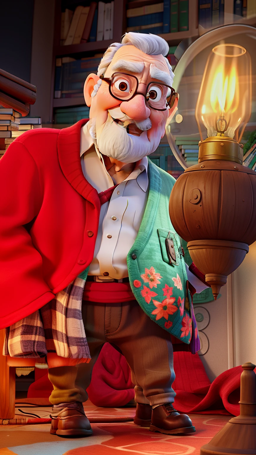 A wise old man standing in front, illuminated by the light of a lamp, against the backdrop of a library