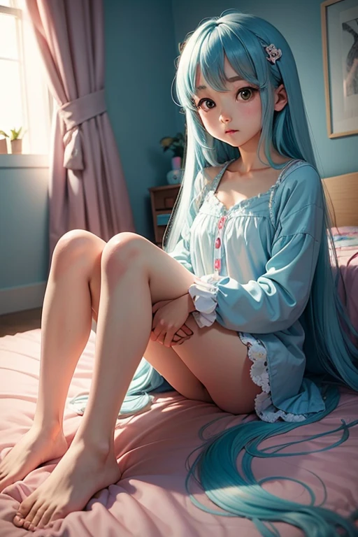 kawaii girl Light blue long-haired Bedrooms Sitting in bed
