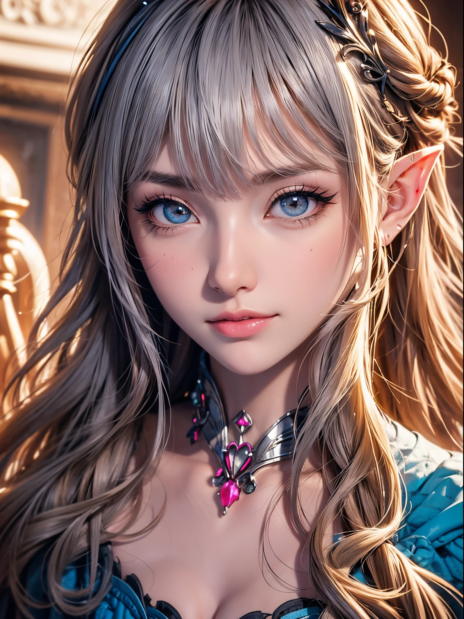 Ultra-detailed complex 3D rendering of face, (Colossal breasts: 7.8), (Skindent: 2.5), (Masterpiece, top quality, octane rendering, 8K), glamour shot full body image, very beautiful young elf, cleavage, swimsuit, one, micro bikini, long braided black hair, big breasts, wearing intricate super armor of gold and red, ultra-realistic photos ((((portrait))), Wearing an intricate pink cape, bare feet, futuristic city background, facial muscles, in the style of Marvel Comics, ArtStation Trend, Clear Focus, Studio Photography, Intricate Detail, Very Detailed, Detailed Blue Eyes, Illustration, Very Detailed, Sharp Focus, Digital Rendering, Professional, Abs