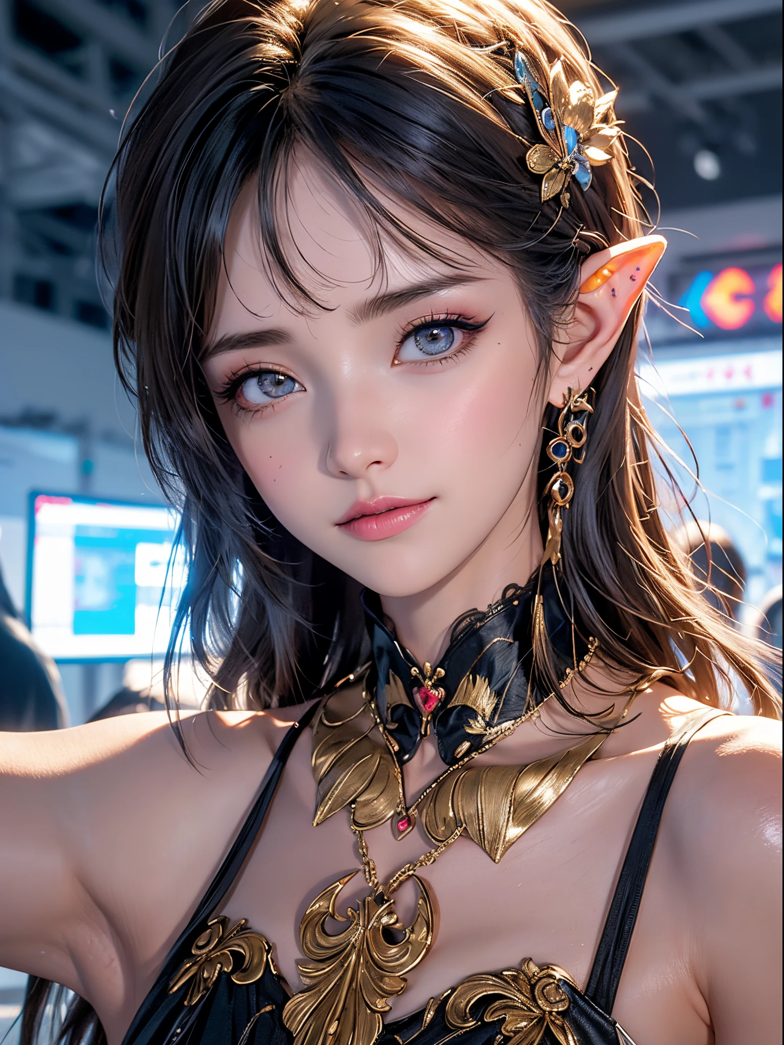 (((master part))), best quality, Hyper detailed gouache style painting portrait of a group of beautiful female elves, sombras suaves, texturas hiper realistas, 8k, best quality, realistic cartoon features, stylised illustration, sombras suaves, Anatomia correta, chromatic aberration, Destaques Neon, luzes quentes globais, dinamic poses, expressive facial expressions