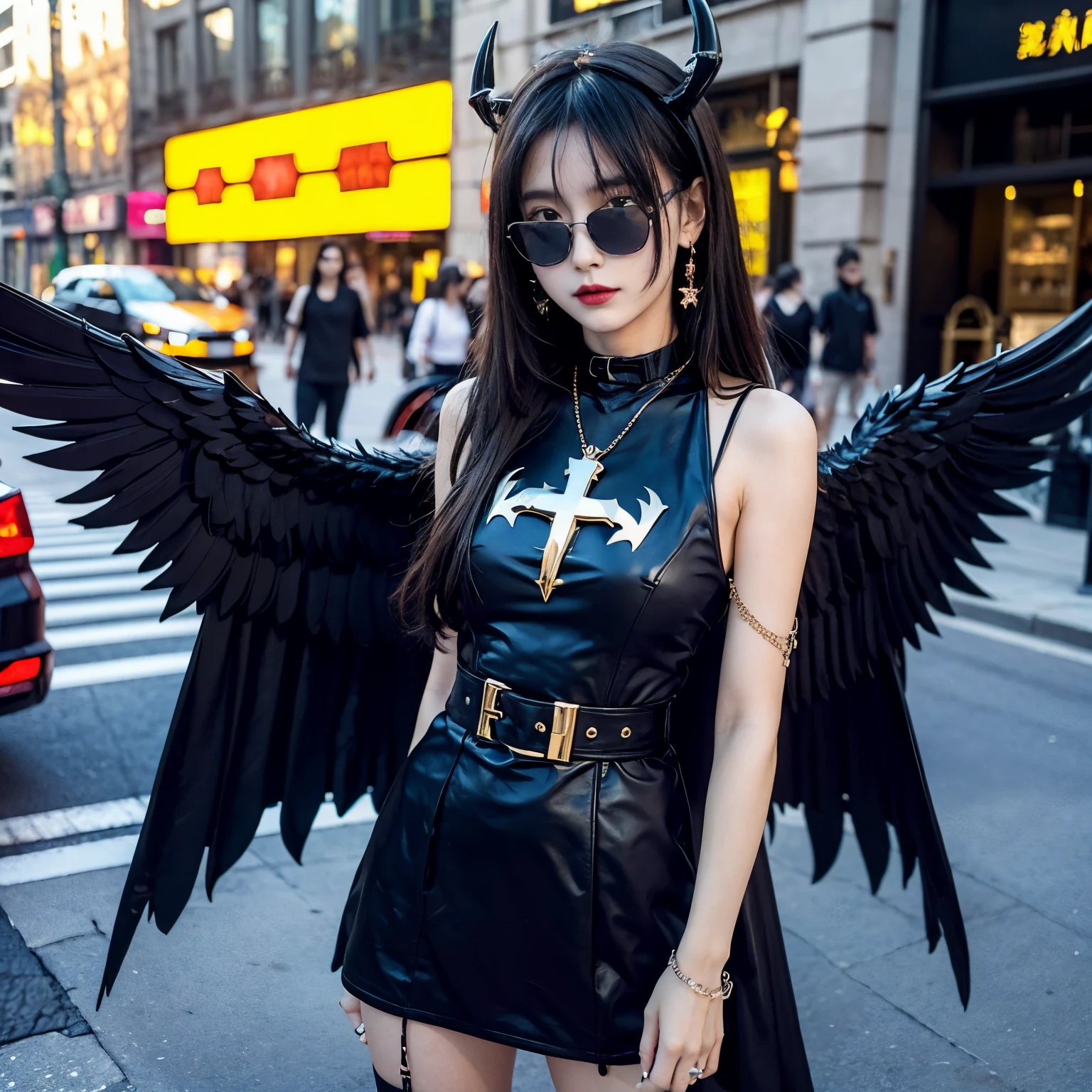 Sunglasses, 1 girl with jesus, black dress, wings, black wings, angel, halo, demon horns, standing on the street, choker, midget, super villain, stand, look at the viewer, cross necklace, earrings, jewellery, jesus, jesus christ, cross tatto, sunglasses
