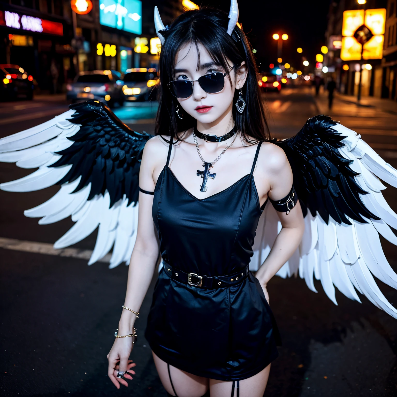 Sunglasses, 1 girl with jesus, black dress, wings, black wings, angel, halo, demon horns, standing on the street, choker, midget, super villain, stand, look at the viewer, cross necklace, earrings, jewellery, jesus, jesus christ, cross tatto, sunglasses