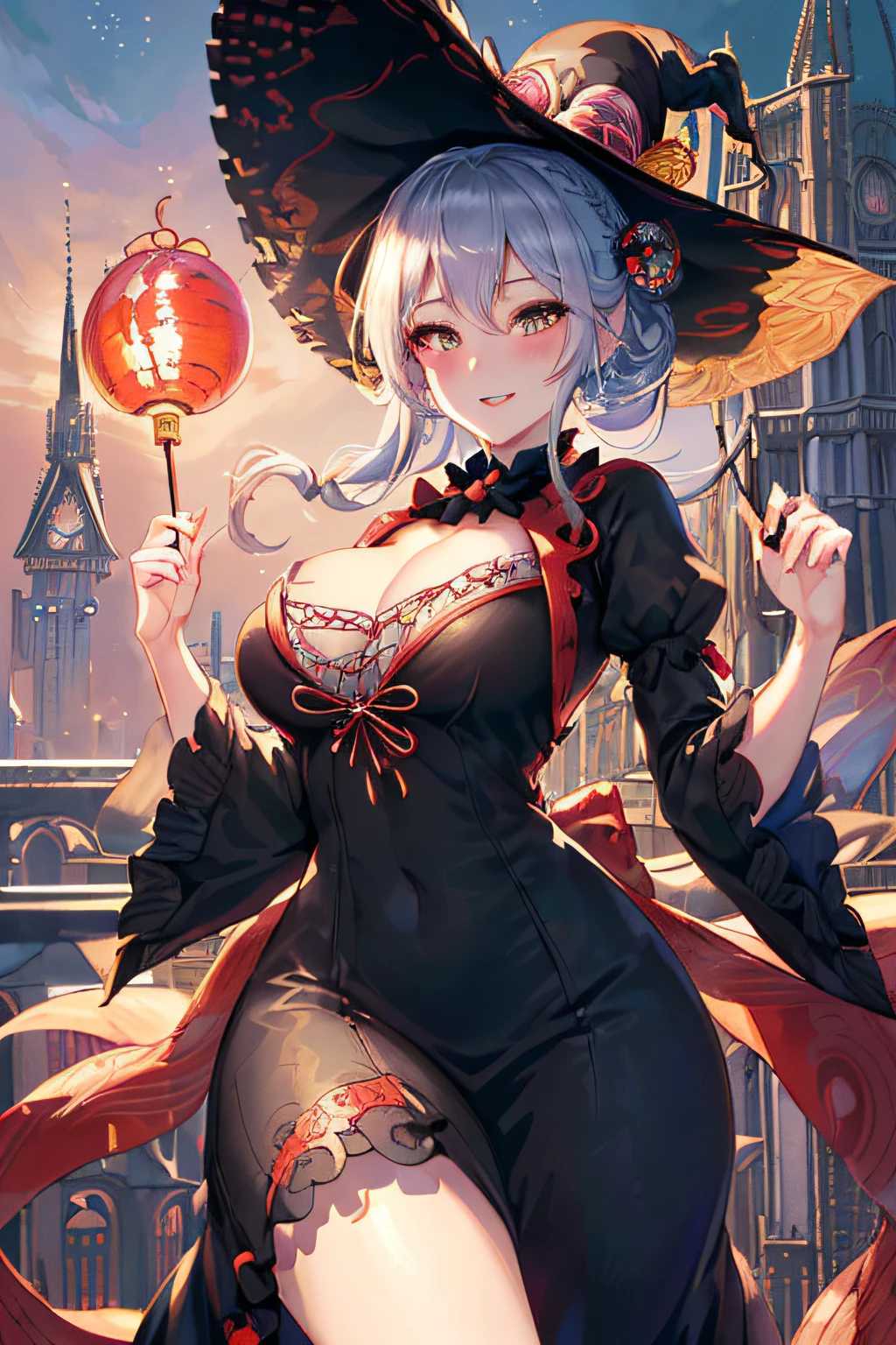 (ukiyoe painting:1.3),(3D anime fantasy art:1.3),(Grimm fairy tale world),(Portrait of a witch with a magic wand:1.3),(Cinderella's Castle in the background:1.3),(((victorian gothic dress:1.3))),(((Black Witch&#39;large hat:1.3))),Cute and beautiful girl,Cute round face,Cute smile,with blush cheeks,Red Lip,(silver white hair,Floral braided headband,half up、Floral Braided Space Van,Voluminous Fishtail Braids,Twisted chignon,),(Bangs are see-through bangs),hair pin,hair adornments,detailed clothes features,Detailed hair features,detailed facial features,(Dynamic angles),(Dynamic and sexy poses),Cinematic Light,(masutepiece,top-quality,Ultra-high resolution output image,depth of fields,intricate detailes,Make the subject look three-dimensional with the contrast of light and shadow,) ,(The 8k quality,Anatomically accurate facial structure,),(Sea Art 2 Mode:1.3),(Image Mode Ultra HD,)