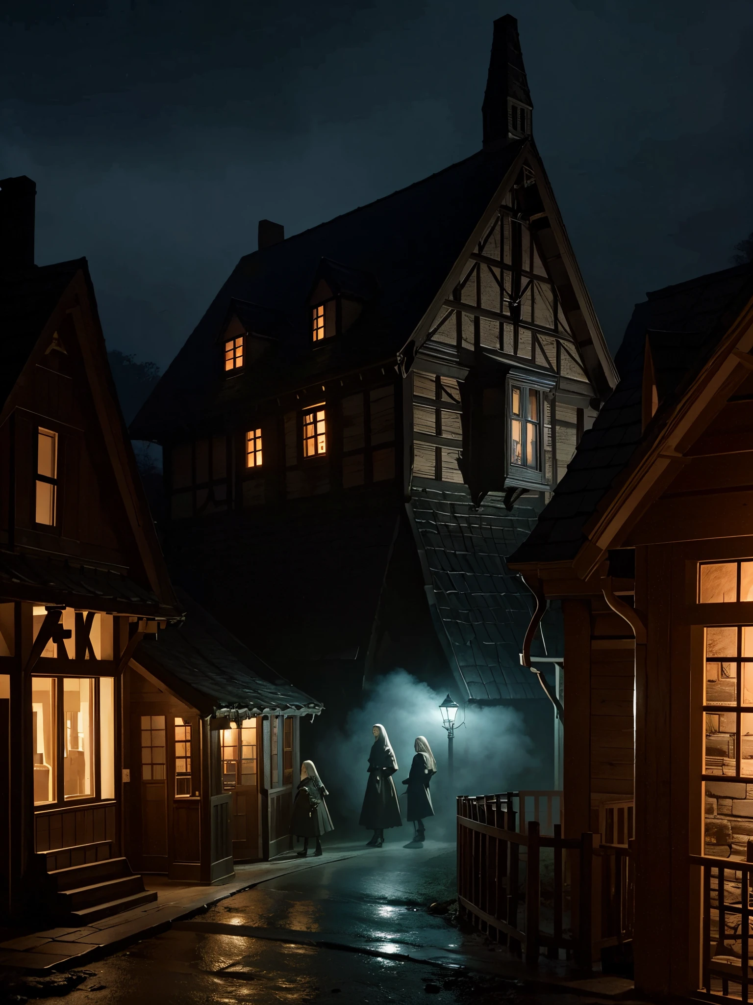 a screenshot of a ghost house in the dark, in the style of lively tavern scenes, photo-realistic landscapes, medieval-inspired, traditional street scenes, eerily realistic, greg olsen, detailed world-building
