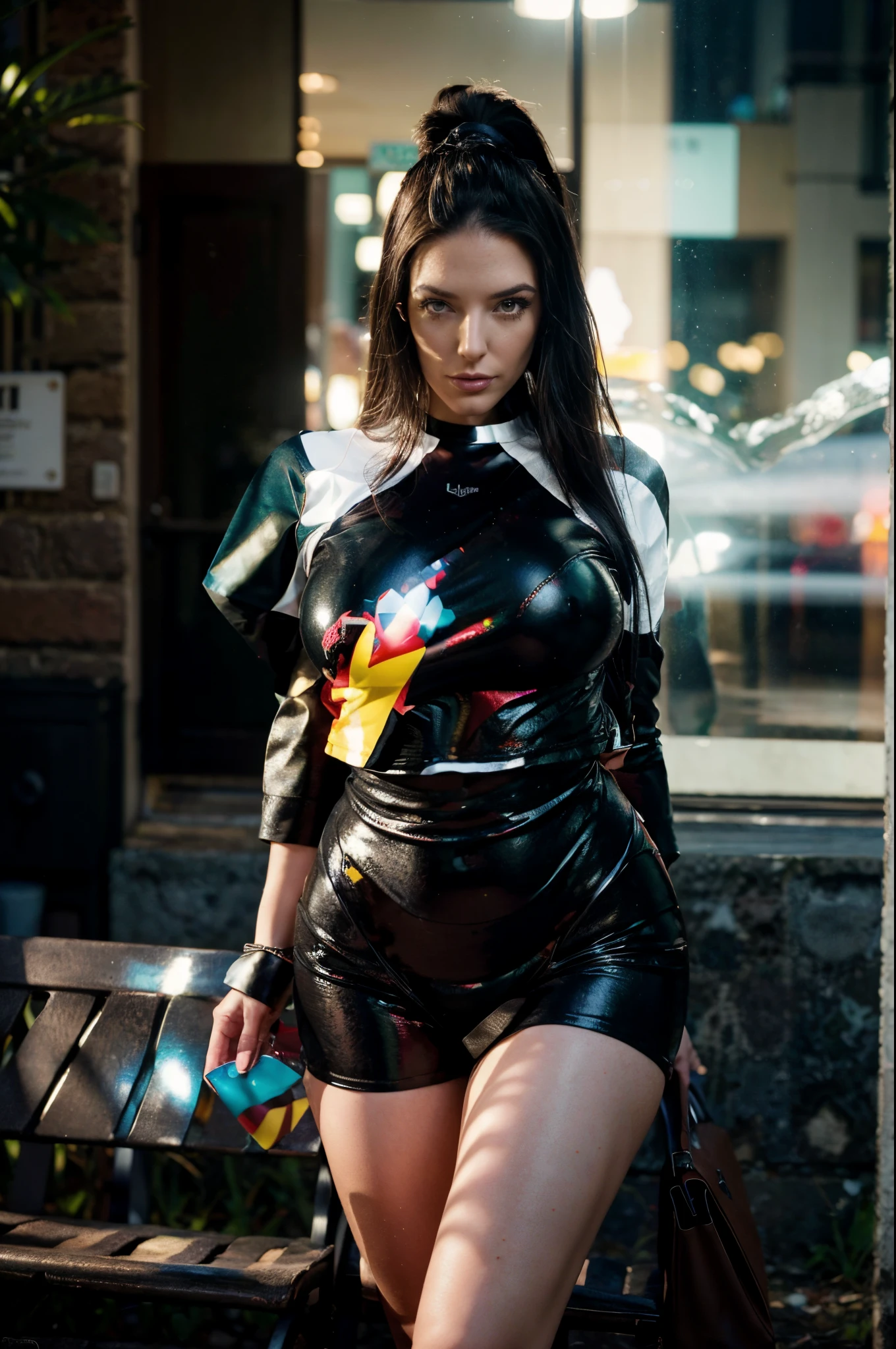 imagem fotorrealista de uma linda mulher de 25 anos (Angela White) em um minivestido de borracha. 8k high resolution image, detalhes intrincados, como seu lindo rosto, seus olhos claros e seu cabelo castanho, usando um minivestido preto de borracha que destaca suas curvas. She is walking down a street on a bench on a dark night. The background is blurred, Enhancing the image (resolution: 8k, formato: .RAW, qualidade: Melhor, Estilo: fotorrealista, software: unidade cg, Efeitos: profundidade de campo, Cinematic light, Reflexo da lente, ray tracing)