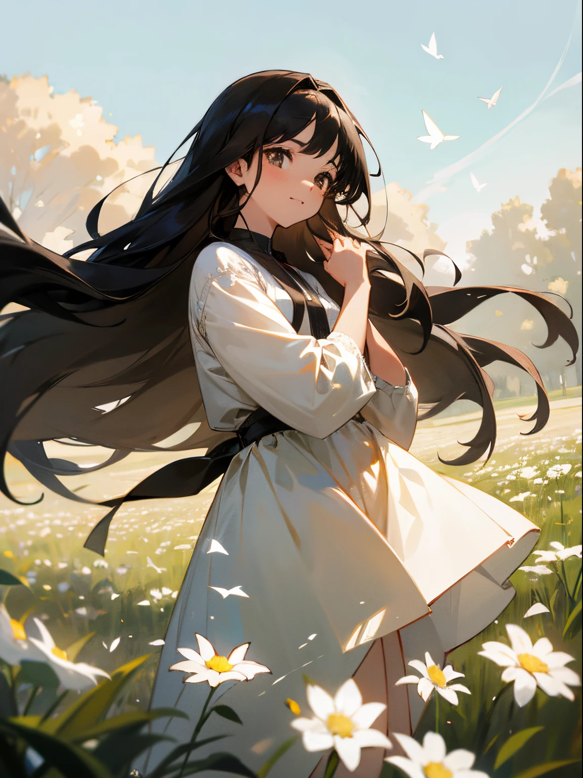high detal，hyper-detailing，Super high resolution light brown eyes，Girl with long black hair enjoys her time in the open field，surrounded by nature's beauty，warm sun sprinkling on her，white flowers gently swaying in the breeze。Butterflies and birds flutter around her，It adds to the playful atmosphere，Black-haired boy looking from a distance， --v6
