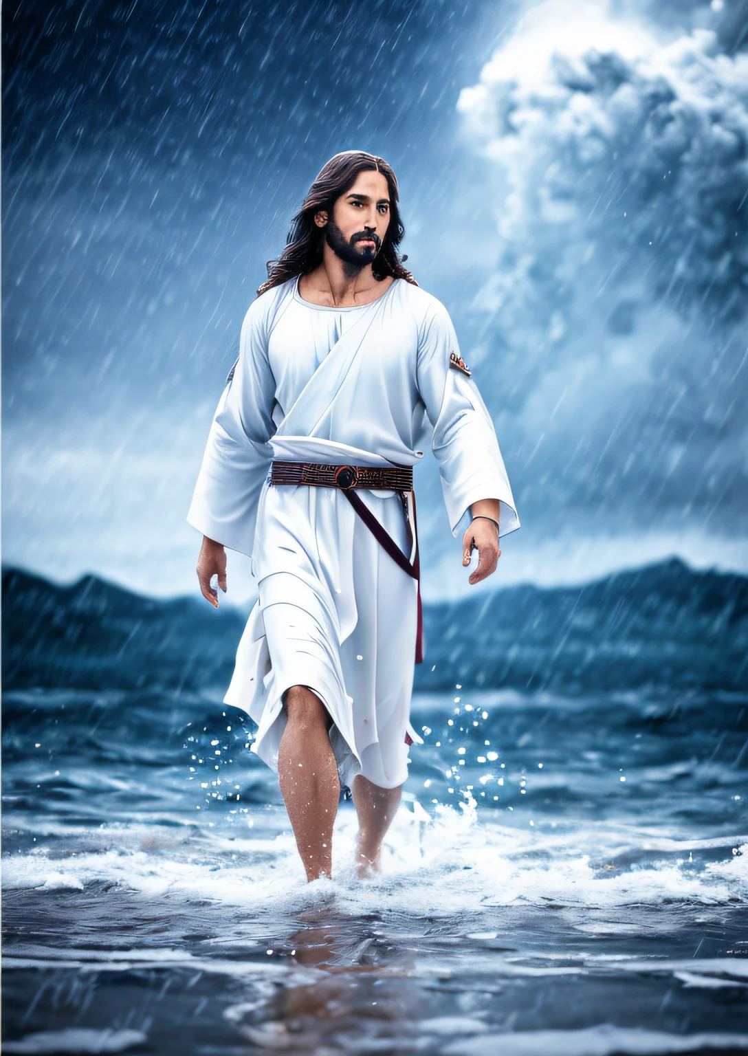 jesus walking on water in a storm, masterpiece, best quality, high quality, extremely detailed CG unit 8k wallpaper, award winning photography, Bokeh, Depth of Field, HDR, bloom, Chromatic aberration, photorealistic, extremely detailed, trending on artstation, trending on CGsociety, intricate, high detail, dramatic, mid-journey art, volumetric lighting