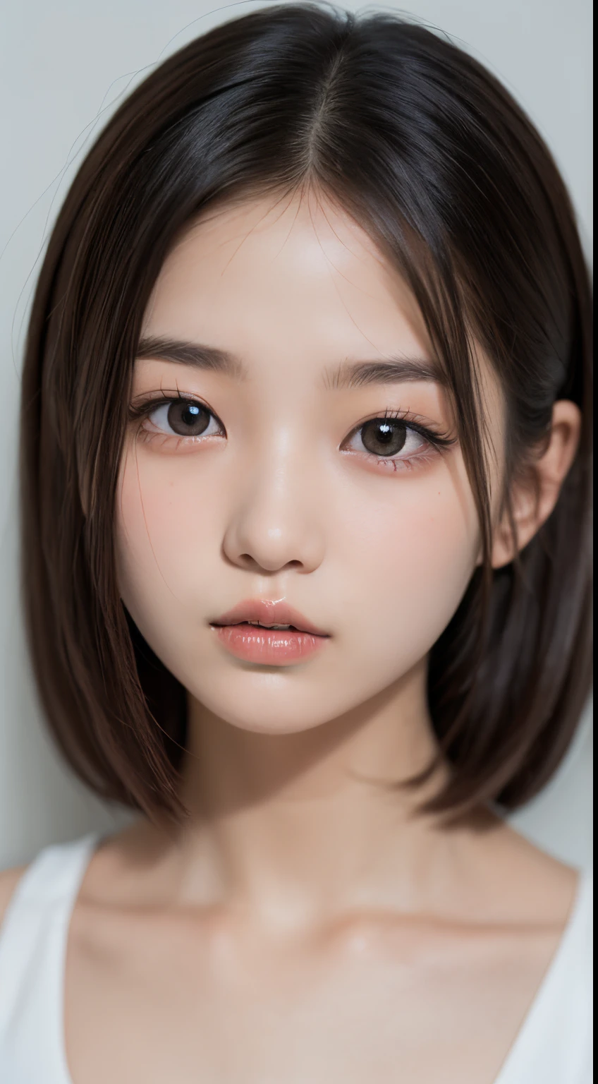 incredibly absurd, beautiful and cute 20-year-old Korean girl with a photorealistic face, showcasing top-quality craftsmanship. Her slender frame is adorned with short, messy hair. The artwork is high-resolution, allowing for ultra-detailed features to be captured flawlessly. The girl is depicted naked. The focus lies on the realistic pupils, showcasing depth and emotion. ((breasts out))