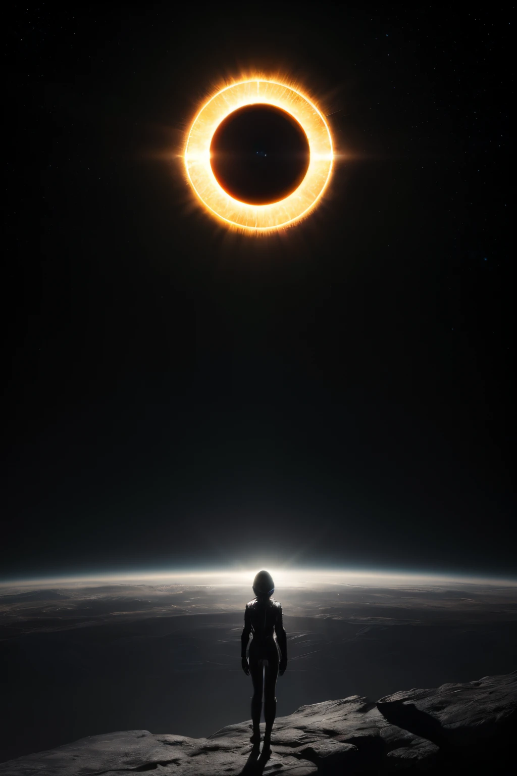 an alien city beneath a vantablack sun, by Quentin mabille, james jean,Takeshi Oga, dan mumford, eve ventrue, ayami kojima, artstation,epic scifi blackhole interplanetary spacecore , mysterious eeries ineffable mood, very detailed, negative space, massive scale, centered composition, anamorphic, 4k