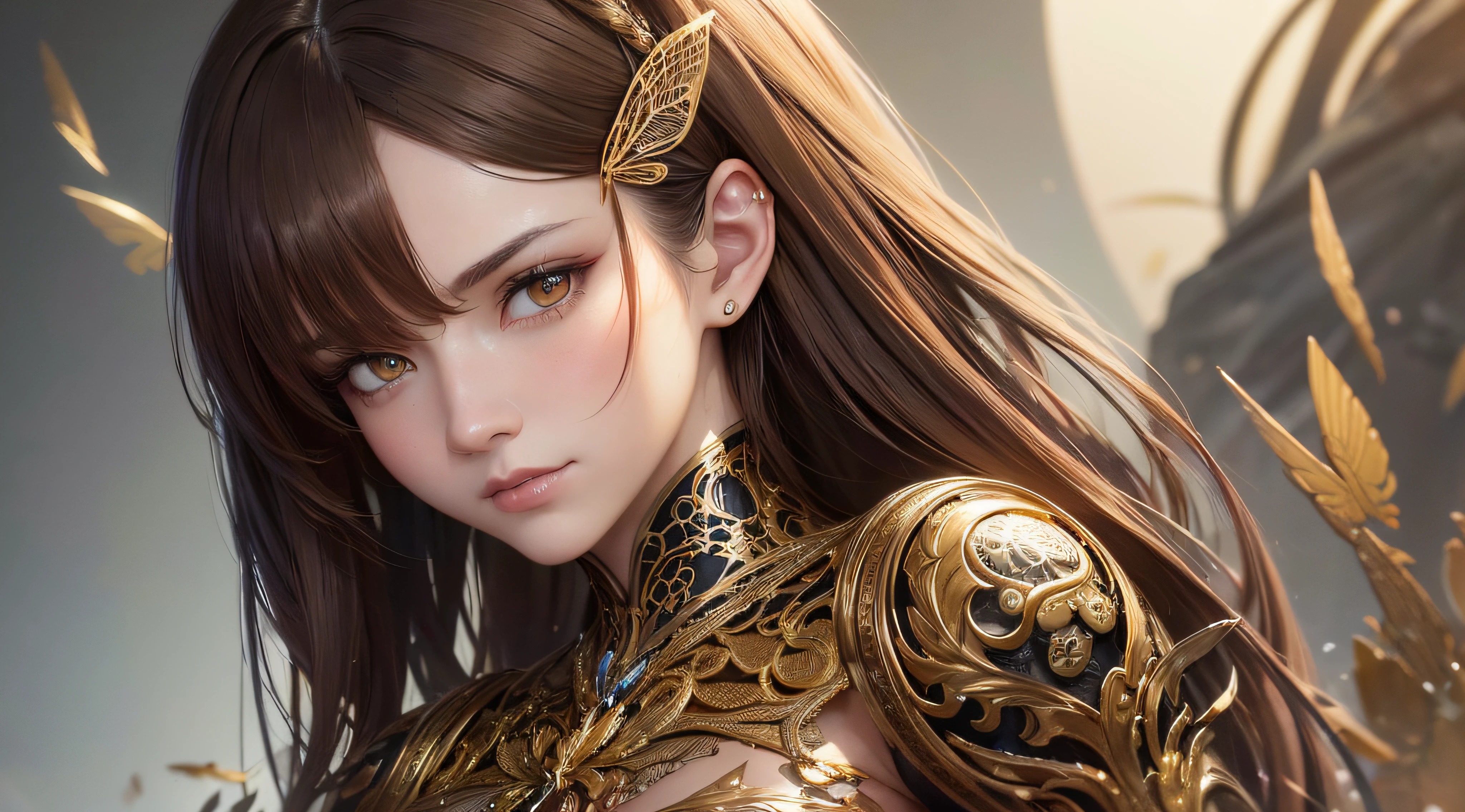 8k portrait of beautiful cyborg with brown hair, intricate, elegant, highly detailed, majestic, digital photography, art by artgerm and ruan jia and greg rutkowski surreal painting gold butterfly filigree, broken glass, (masterpiece, sidelighting, finely detailed beautiful eyes: 1.2), hdr,
