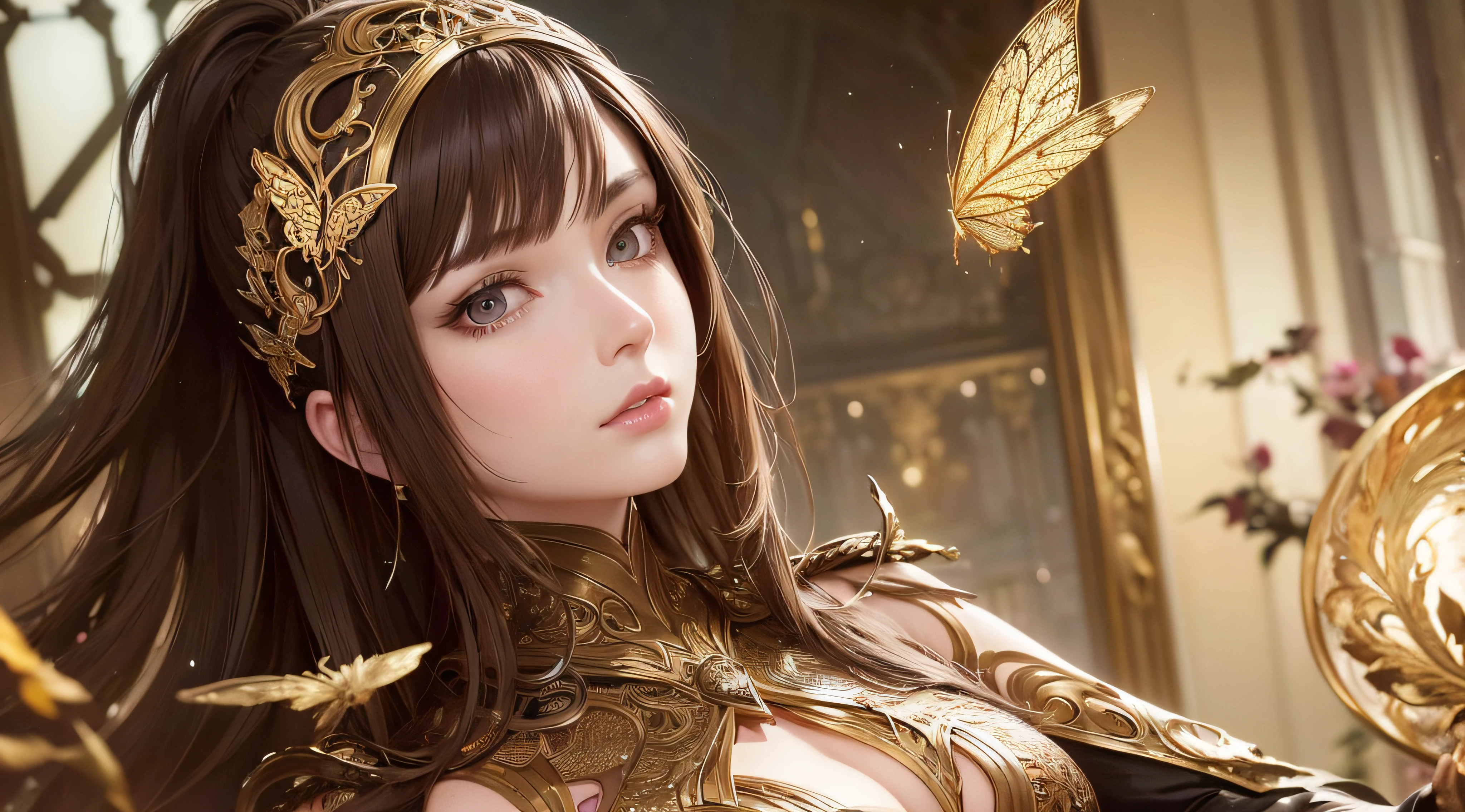 8k portrait of beautiful cyborg with brown hair, intricate, elegant, highly detailed, majestic, digital photography, art by artgerm and ruan jia and greg rutkowski surreal painting gold butterfly filigree, broken glass, (masterpiece, sidelighting, finely detailed beautiful eyes: 1.2), hdr,