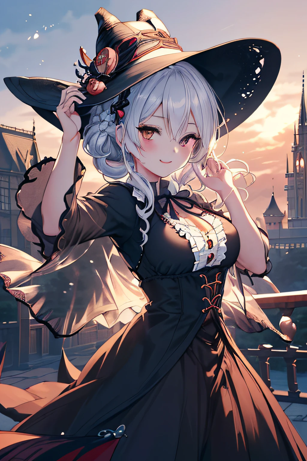 (ukiyoe painting:1.3),(3D anime fantasy art:1.3),(Grimm fairy tale world),(Portrait of a witch with a magic wand:1.3),(Cinderella's Castle in the background:1.3),(((victorian gothic dress:1.3))),(((Black Witch'large hat:1.3))),Cute and beautiful girl,Cute round face,Cute smile,with blush cheeks,Red Lip,(silver white hair,Floral braided headband,half up、Floral Braided Space Van,Voluminous Fishtail Braids,Twisted chignon,),(Bangs are see-through bangs),hair pin,hair adornments,detailed clothes features,Detailed hair features,detailed facial features,(Dynamic angles),(Dynamic and sexy poses),Cinematic Light,(masutepiece,top-quality,Ultra-high resolution output image,depth of fields,intricate detailes,Make the subject look three-dimensional with the contrast of light and shadow,) ,(The 8k quality,Anatomically accurate facial structure,),(Sea Art 2 Mode:1.3),(Image Mode Ultra HD,)