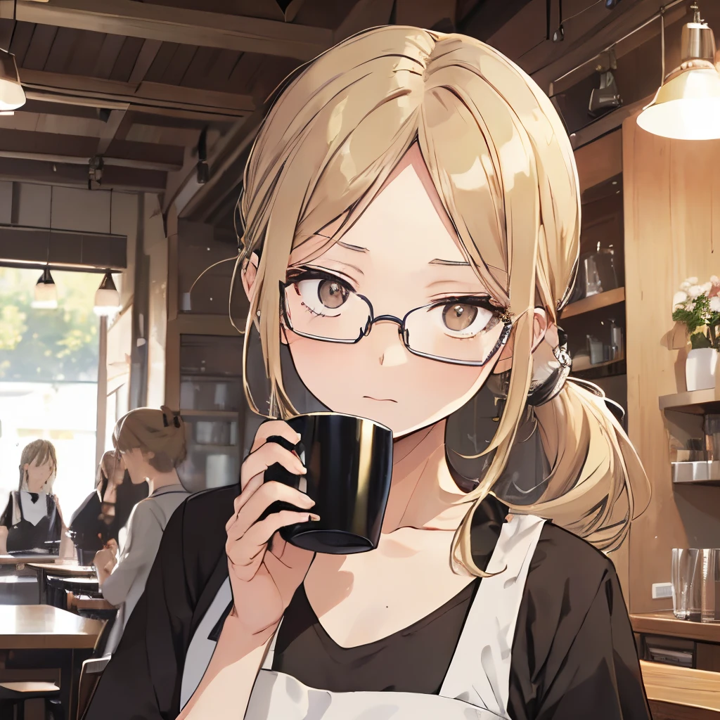 ⓪Action： Drinking coffee, (coffee mug:1.4), Holding a mug in your hand, ①Quality：(Ultra-detailed:1.3), masutepiece, 8K, extremely details CG, (1 girl), Perfect hands:1.2), (Perfect Anatomy:1.2), (Beautiful face: 1.1), The specifics of the complex iris, fascinating eye reflection, Glowing highlights of the eyes, Depth and three-dimensionality of pupils, Subtle color changes in the iris, Particular eyelash details,　Depth and three-dimensionality of pupils, ②Lighting：Brightening light, Moody lighting, Nature lighting, Best Illumination, ③ part: (flat chest: 1.4), Floating hair, Detailed face, Detailed eyes, Shiny hair, ④Style: Animation, Illustration, ⑤Subject： (Low Ponytail hair:1.3), (Blonde hair, Straight hair, Long hair,Hair in the middle, Black eyes, Sanpaku eyes ), ⑥Environment： cafes,kitchin,a bar counter , ⑦Construction：Upper body, (closeup view: 1.3), Looking at Viewer, Very Wide Shot, From below, ⑧Costume : (Cafe Apron: 1.3), (Glasses:1.5), ⑨Others：(Slender body、small head、Seven-headed body), Wear an apron over a T-shirt,