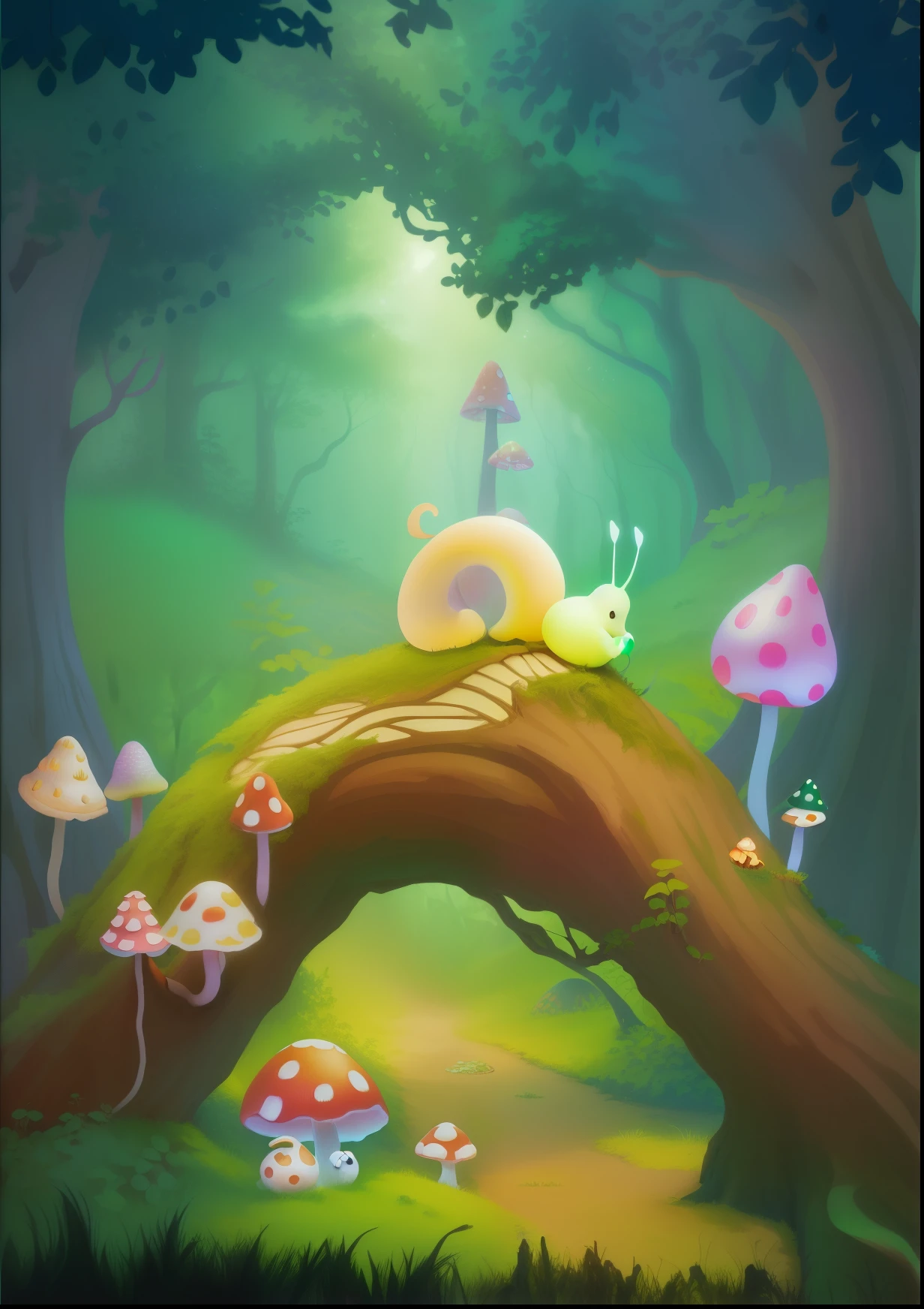 Cartoon illustration of snail on log in forest, Enchanted forest background, Enchanted forest background, elf forest background, Fairy Kingdom Forest, fairy tale forest, enchanted magical fantasy forest, Magical Fairy Forest, whimsical forest, background artwork, mushroom forest, an enchanted forest, candy forest, cute forest creature, Fantasy forest background, Mushroom arch, an enchanted forest