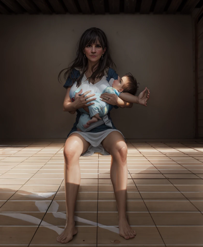Drawing of a middle-aged dark-haired woman, 32 years old, resident of the favela, sitting at a table in a shack holding a in her lap. Art painted by Terese Nielsen, her husband Cliff Nielsen and Chris Moeller