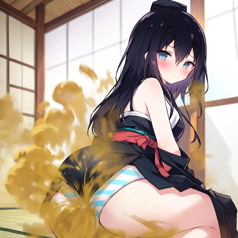 ((((1 girl)))), (li), (flat chest), (13ear), (btiful slender body), long hair, Black hair, blue eyes, ((((short ninja costume)))), (((black and white ninja costume))), (((Sleeveless))), blue white panties, ((((horizontal striped panties)))), Showing buttocks, massive ass, sitting, Turn around and look back, embarrassed, blushing, fart, onara, fart, farting, big fart, Fart from the ass, Farting non-stop, Yellow smoke, Yellow smoke rising, Japanese tatami room, ((Blurry background with deep yellow fog))