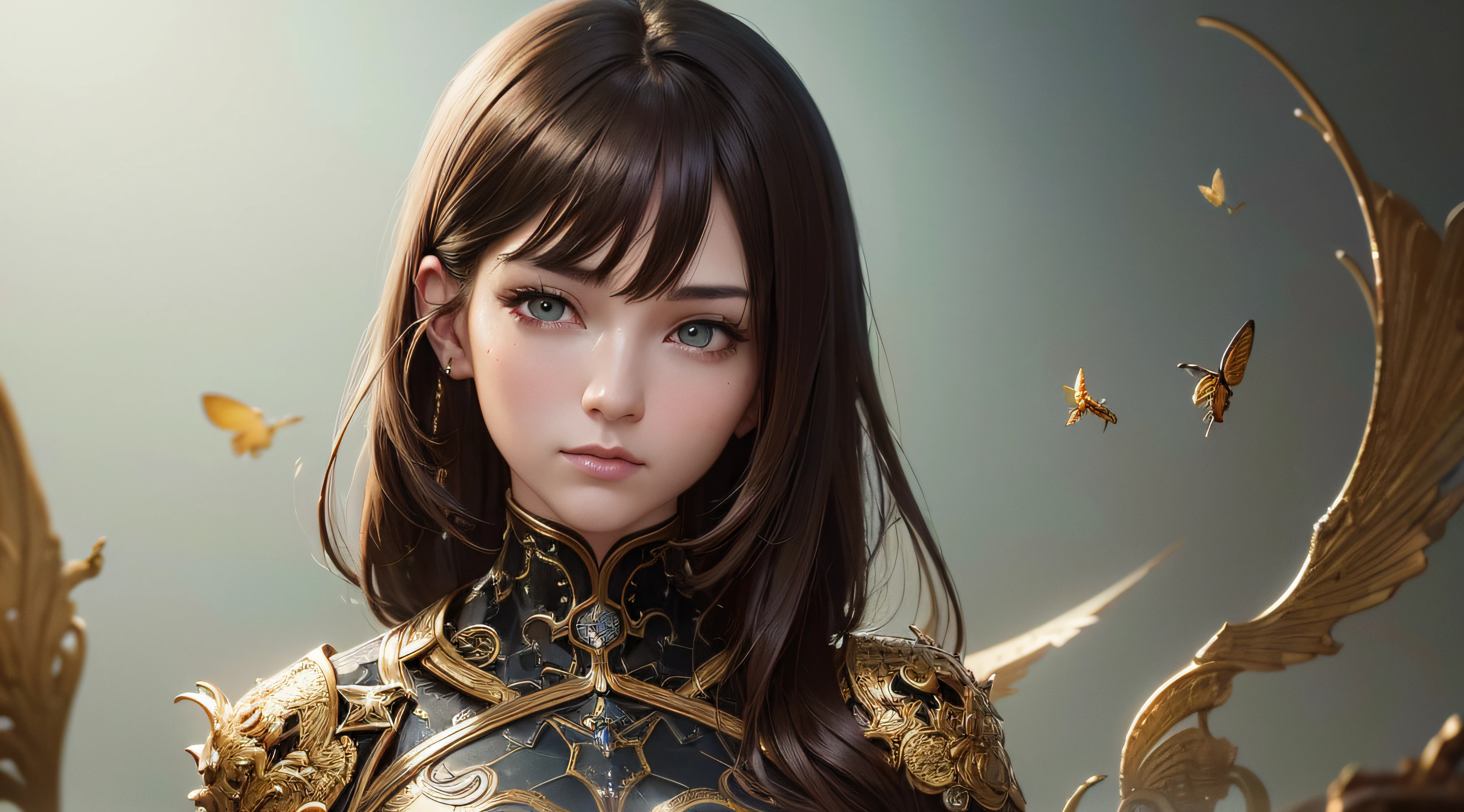 8k portrait of beautiful cyborg with brown hair, intricate, elegant, highly detailed, majestic, digital photography, art by artgerm and ruan jia and greg rutkowski surreal painting gold butterfly filigree, broken glass, (masterpiece, sidelighting, finely detailed beautiful eyes: 1.2), hdr,