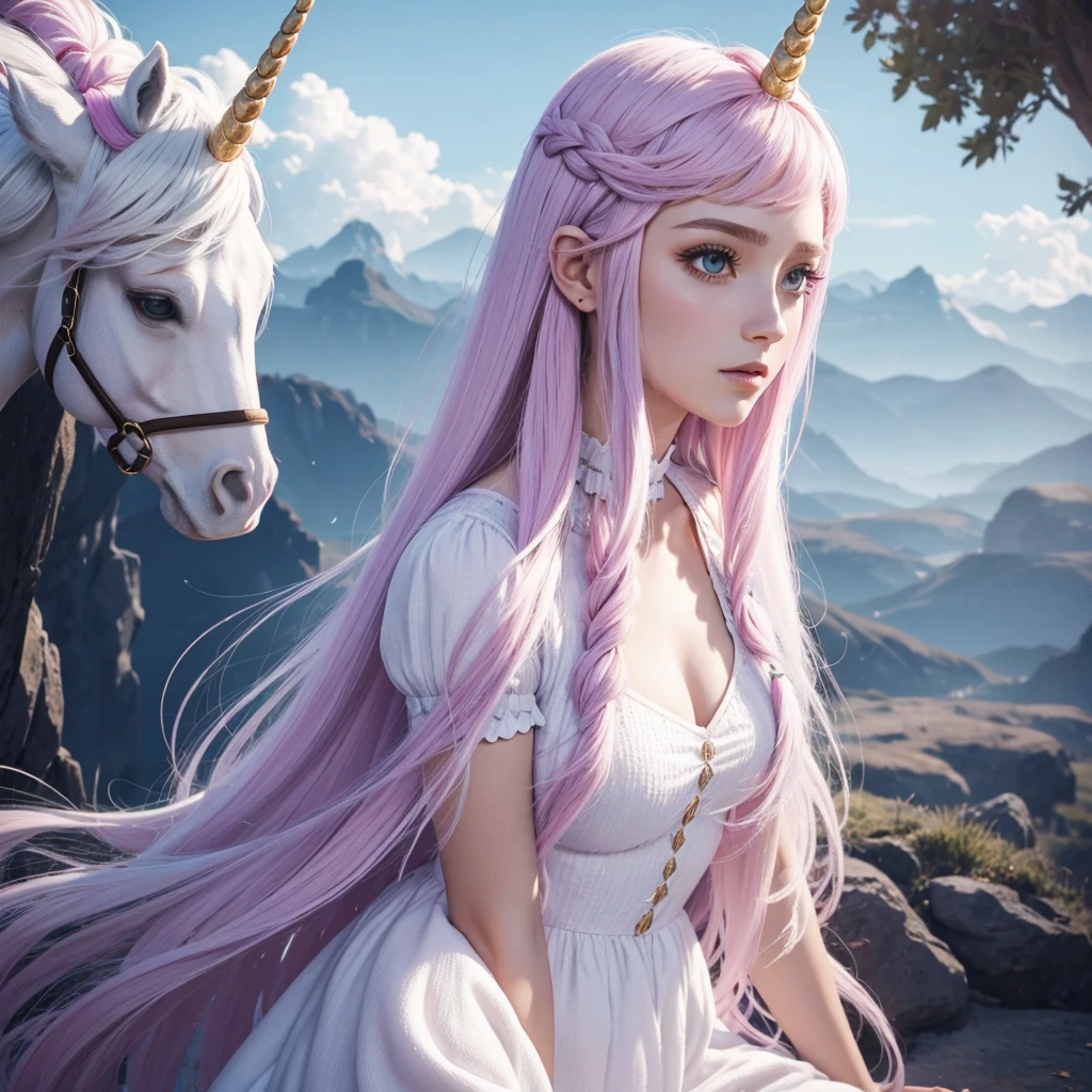 alone girl with 1 unicorn horn , com longos cabelos brancos em roupas de fantasia em tom escuro, Softer more mature AI features