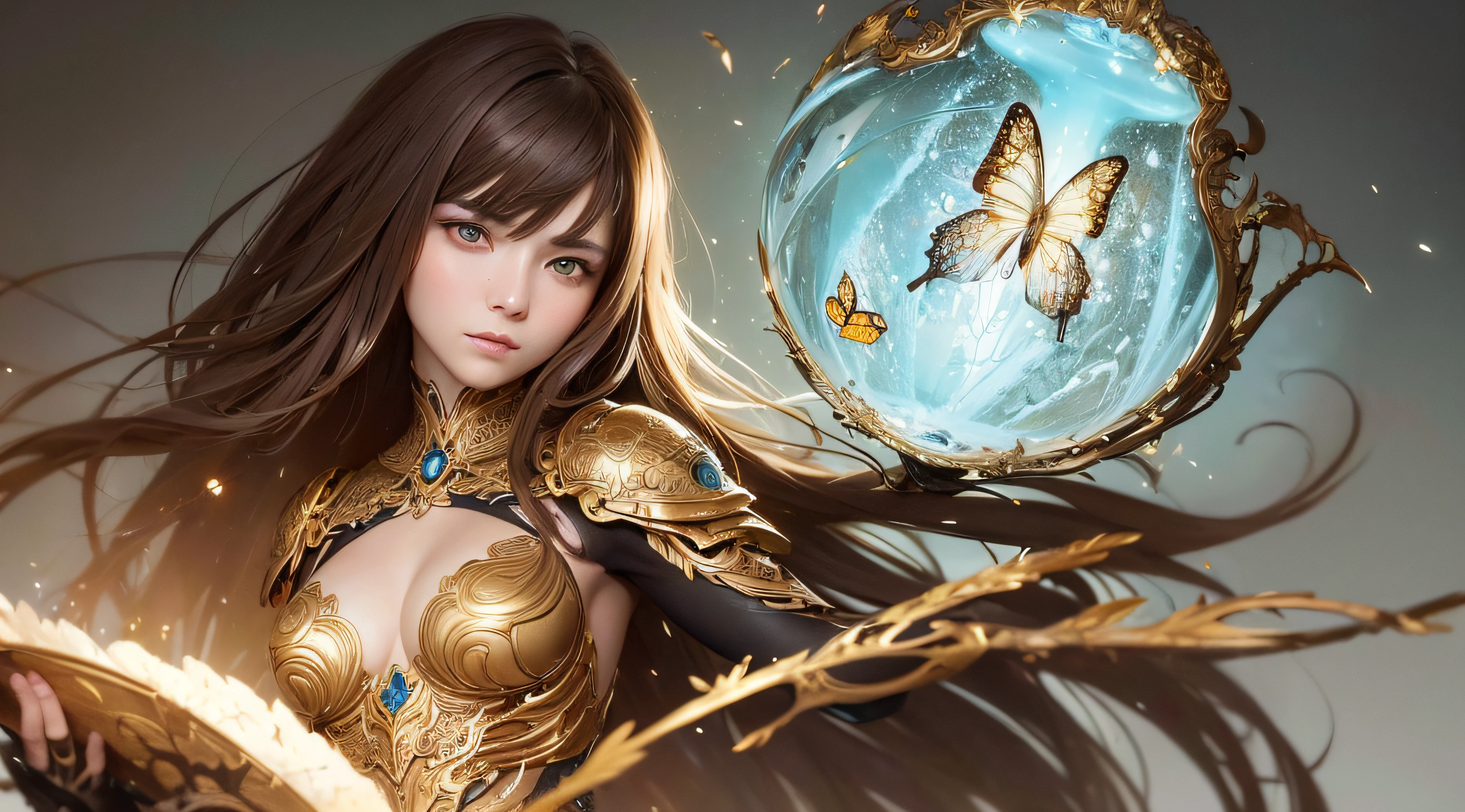 8k portrait of beautiful cyborg with brown hair, intricate, elegant, highly detailed, majestic, digital photography, art by artgerm and ruan jia and greg rutkowski surreal painting gold butterfly filigree, broken glass, (masterpiece, sidelighting, finely detailed beautiful eyes: 1.2), hdr,