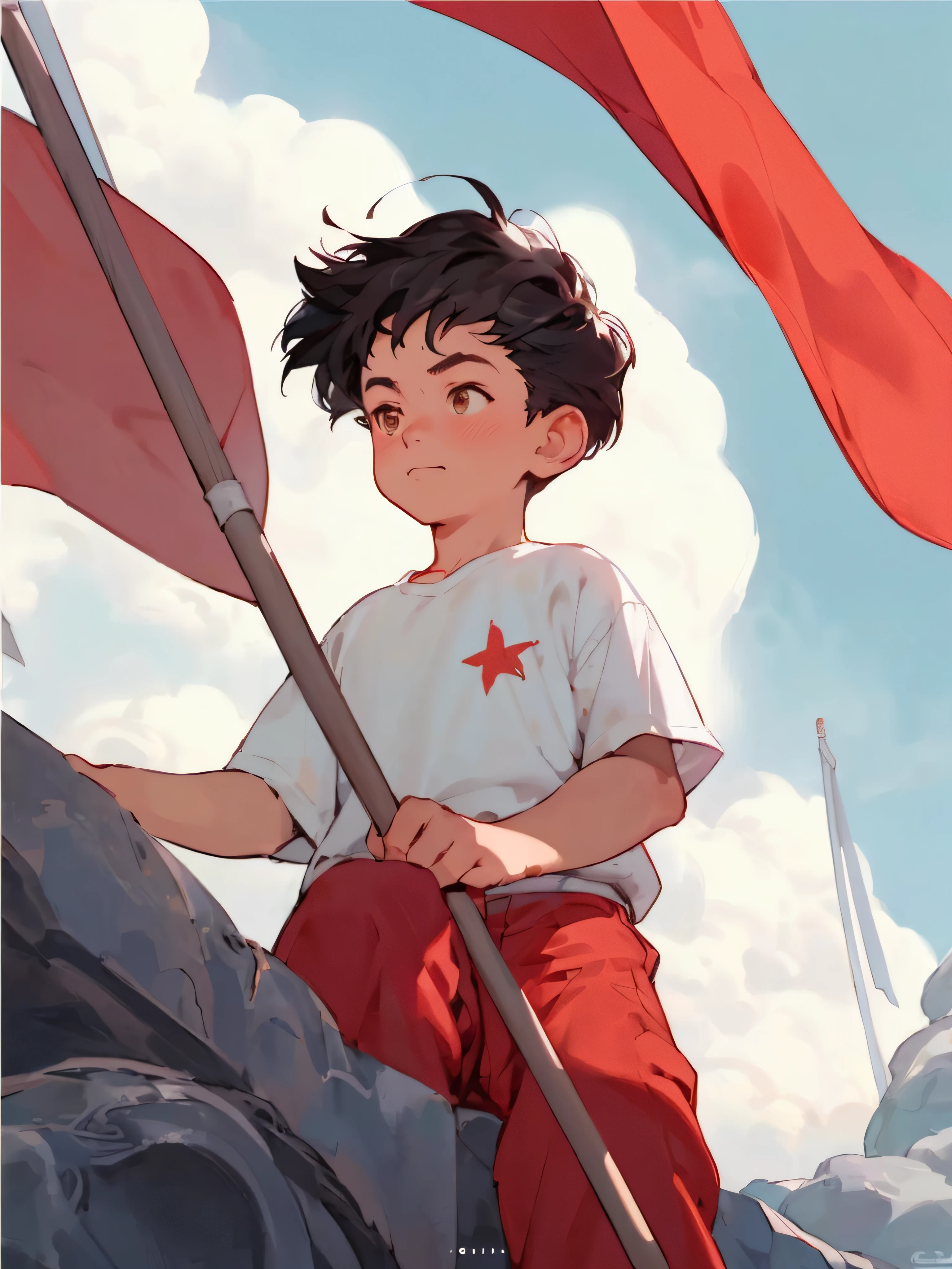 cartoon boy holding red flag,red flag on rock, Guviz style artwork, author:heroes, guweiz, offcial art, Artgerm and Atey Ghailan, Deng Sachin, akira art style, akira art style, makoto shinkai cyril rolando, author:Li Song, A masterpiece by Guwitz, by Ye Xin