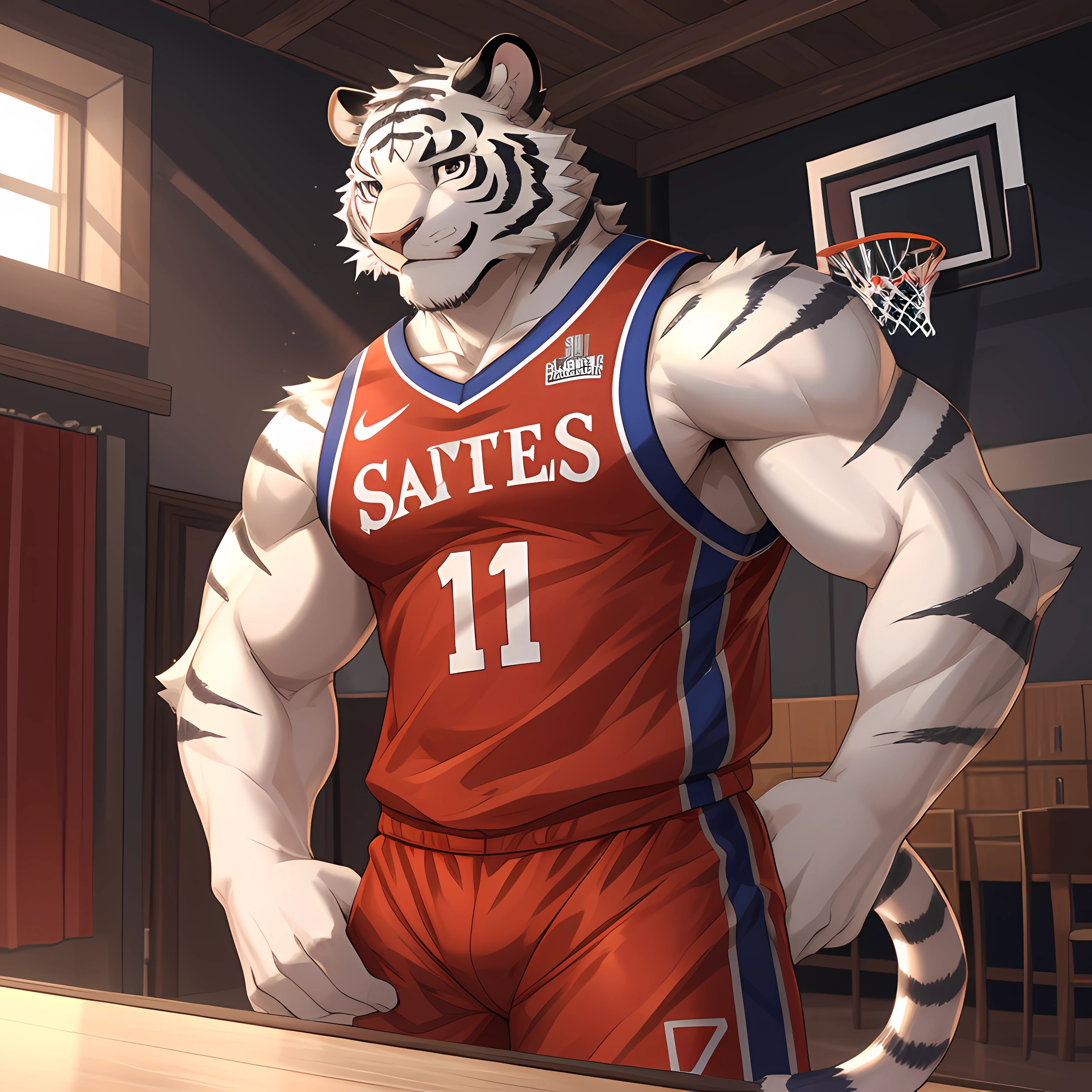 tmasterpiece, Anthropomorphic white tiger, White fur，黑The eye, Gentle eyes, red strip, end, heavy muscular figure, Handsome，Suggestive pose，Detailed eye area， basketball suit, Smiling,Inside the room，8K，tmasterpiece，
