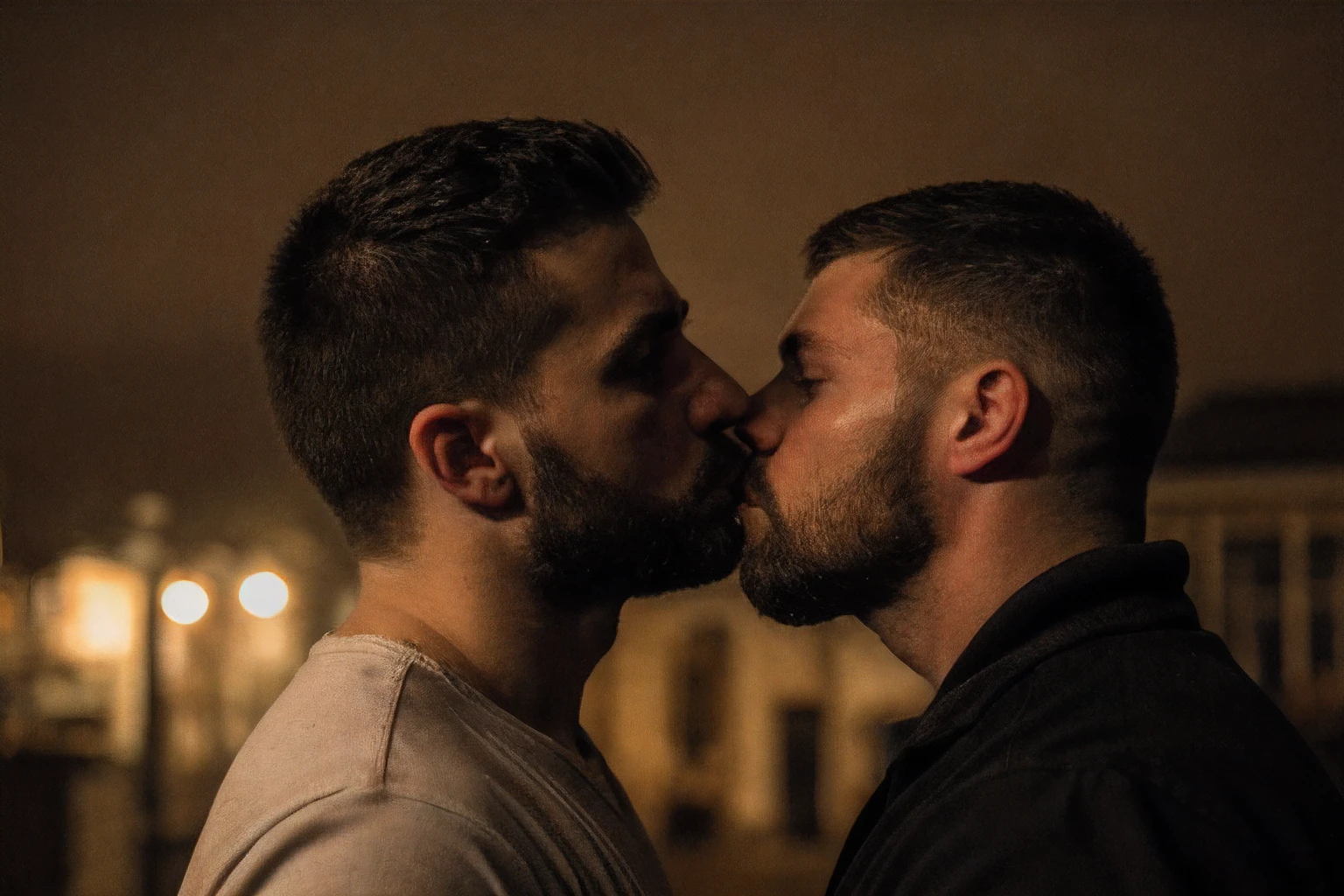 forbidden love, masterpiece, best quality, 2boys, adult males, beards, chavs, rough, dirty, Mancunian, mean, bullies, druggies, skinheads, in the neighbourhood, , soft kiss , romantic, realistic, dramatic lighting, atmospheric, intricate detail, epic shot, still image