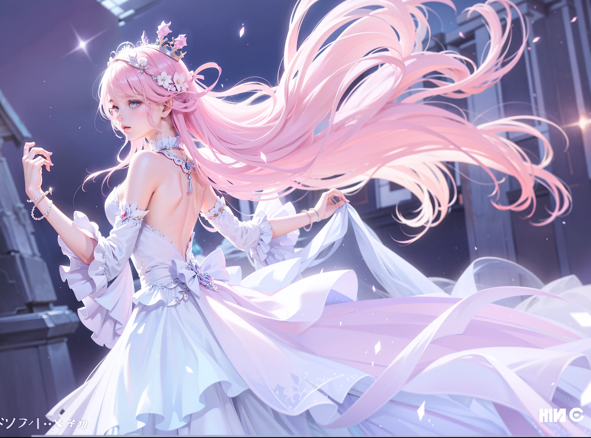 Wearing a white dress、A pink-haired、Anime girl wearing a crown, Beautiful fantasy anime, ethereal anime, Ethereal fantasy, anime fantasy illustrations, ethereal fairytale, Astral Fairy, Anime fantasy artwork, ((beautiful fantasy empress)), Beautiful celestial mage, fantasy art style, EtherealBeauty, Popular topics on cgstation, of ethereal fantasy, beautiful anime style, ethereal essence, beautiful anime art