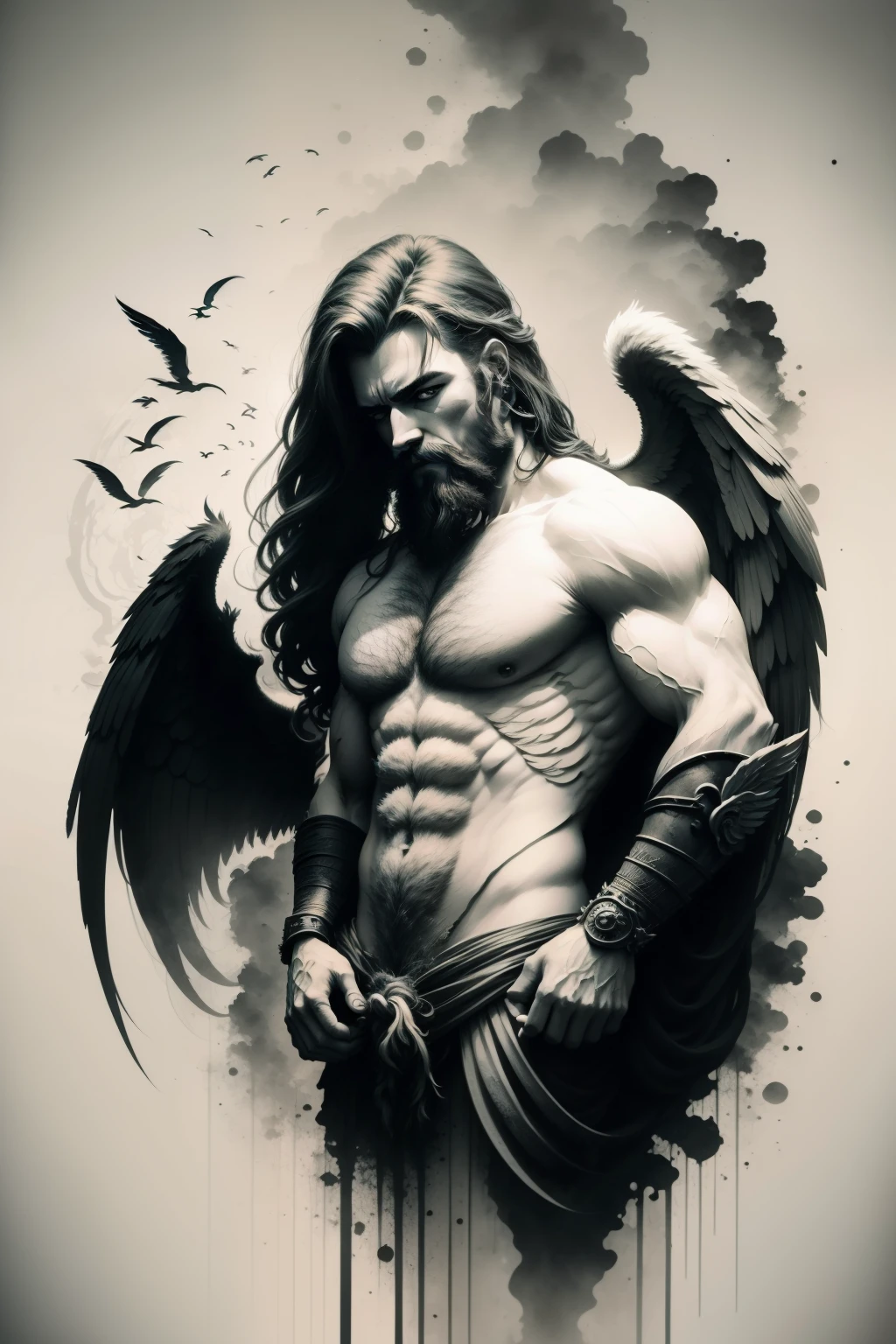 half angel and demon man with wings. pencil drawing style, preto e branco, fundo preto . com os bracos abertos , barba e cabelo longo