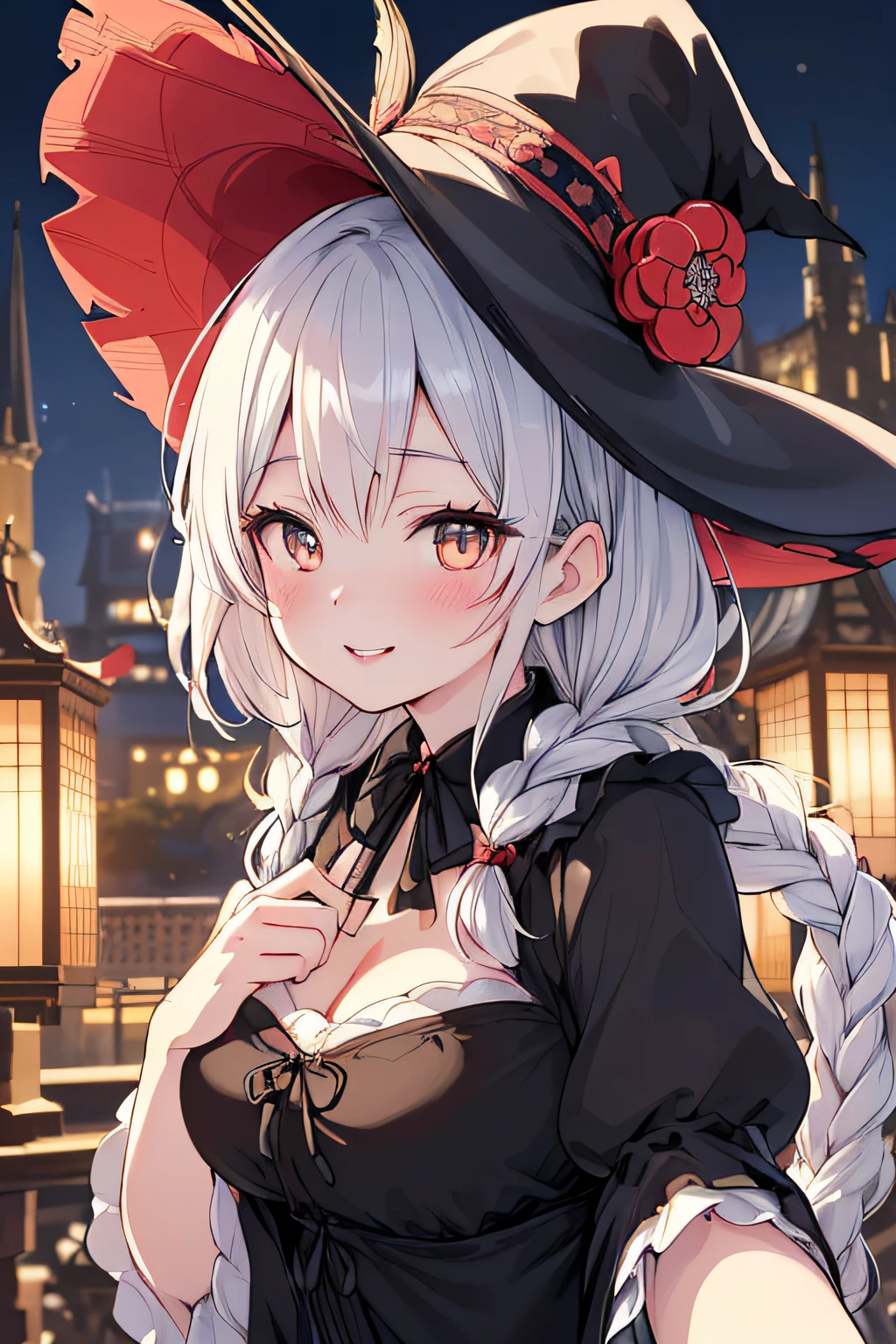 (ukiyoe painting:1.3),(3D anime fantasy art:1.3),(Grimm fairy tale world),(Portrait of a witch with a magic wand:1.3),(Cinderella's Castle in the background:1.3),(((victorian gothic dress:1.3))),(((Black Witch'large hat:1.3))),Cute and beautiful girl,Cute round face,Cute smile,with blush cheeks,Red Lip,(silver white hair,Floral braided headband,half up、Floral Braided Space Van,Voluminous Fishtail Braids,Twisted chignon,),(Bangs are see-through bangs),hair pin,hair adornments,detailed clothes features,Detailed hair features,detailed facial features,(Dynamic angles),(Dynamic and sexy poses),Cinematic Light,(masutepiece,top-quality,Ultra-high resolution output image,depth of fields,intricate detailes,Make the subject look three-dimensional with the contrast of light and shadow,) ,(The 8k quality,Anatomically accurate facial structure,),(Sea Art 2 Mode:1.3),(Image Mode Ultra HD,)