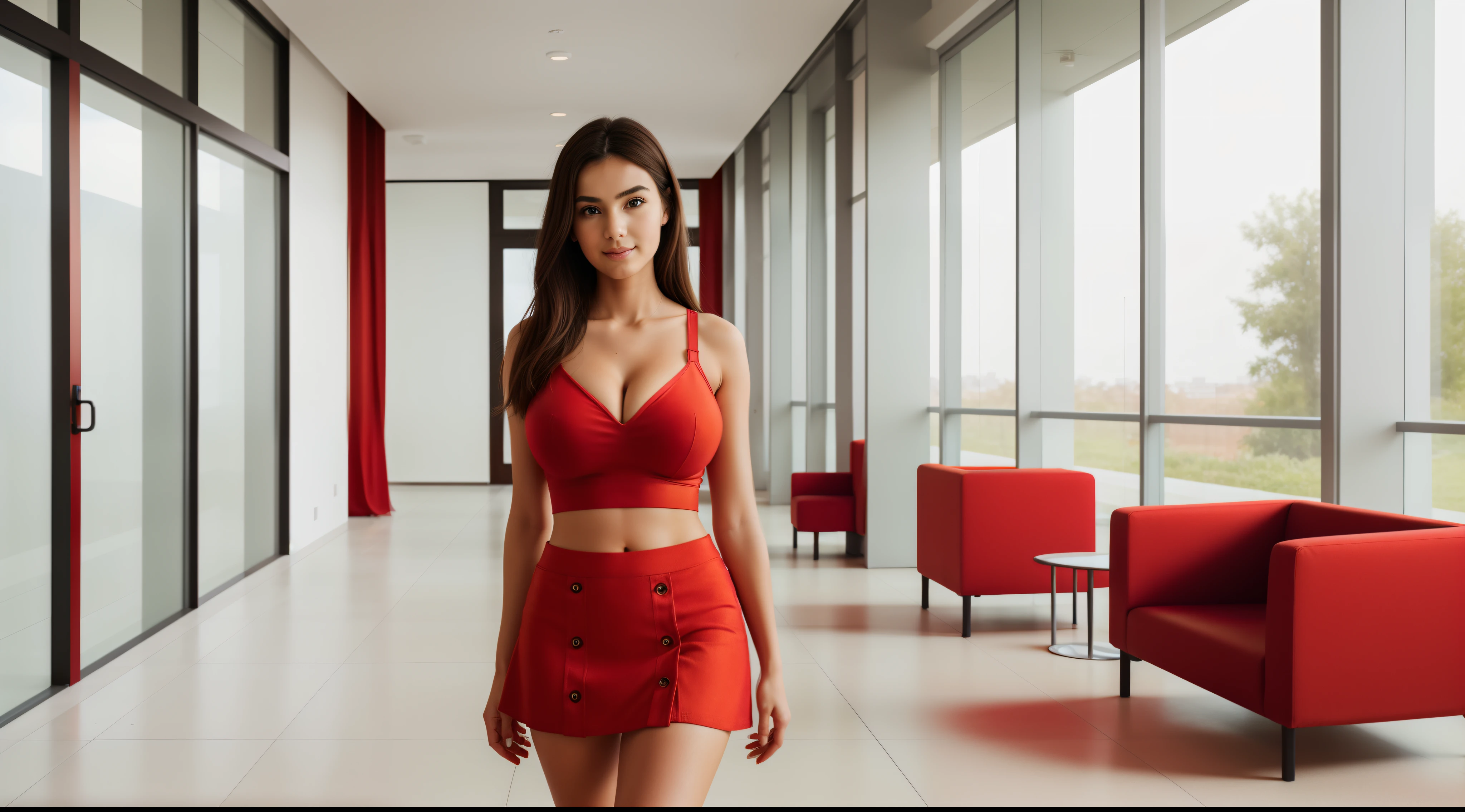 (((a girl alone:1.4))) in campus corridor.

((full-body, cinematic-shot)),(best quality,4k,8k,highres,masterpiece:1.2),ultra-detailed,(realistic,photorealistic,photo-realistic:1.37),(((1girl))),(((solo))),(18-year-old),[Clotilde Fatimah Carmelita],(sharp focus:1.5),pearl skin,(skin pores:1.1),extremely detailed face and skin texture,(skin texture:1.1),black hair,tall and slender body,(192cm tall),thin and delicate figure,graceful posture,flawless skin,defined abs,perfect curves,feminine appearance,beautiful long legs,embodying elegance and beauty,(cleavage breasts,large breasts:1.6),((wearing a (red:1.4) crop-top and (red:1.4) ultra-short miniskirt:1.4)),(beautiful and aesthetic:1.2),vibrant colors,extremely detailed and realistic (red) clothes,(film grain:1.3).

[a modern campus corridor,modern architecture,spacious and filled with natural light,tall glass windows,concrete walls and floors,sleek and minimalistic design,large open space with high ceilings,modern lighting fixtures,hanging plants and greenery,carrying backpacks and books,floor-to-ceiling whiteboards with colorful markers,colorful posters and artwork on the walls,modern furniture and seating areas,comfortable lounge chairs and sofas,large digital screens displaying campus news and events,artificial intelligence-powered information kiosks,modern art installations and sculptures,ambient background music creating a lively atmosphere,vibrant and energetic vibe,wide and well-maintained pathways,plenty of natural ventilation and air conditioning,accessible for people with disabilities,secure and safe environment,stunning views of the campus grounds and surrounding landscape,green and sustainable features such as solar panels and rainwater harvesting systems,lively and dynamic atmosphere,high-tech security systems to ensure safety and security on campus.]

Angelic ethereal beauty,studio photography,professional photography.