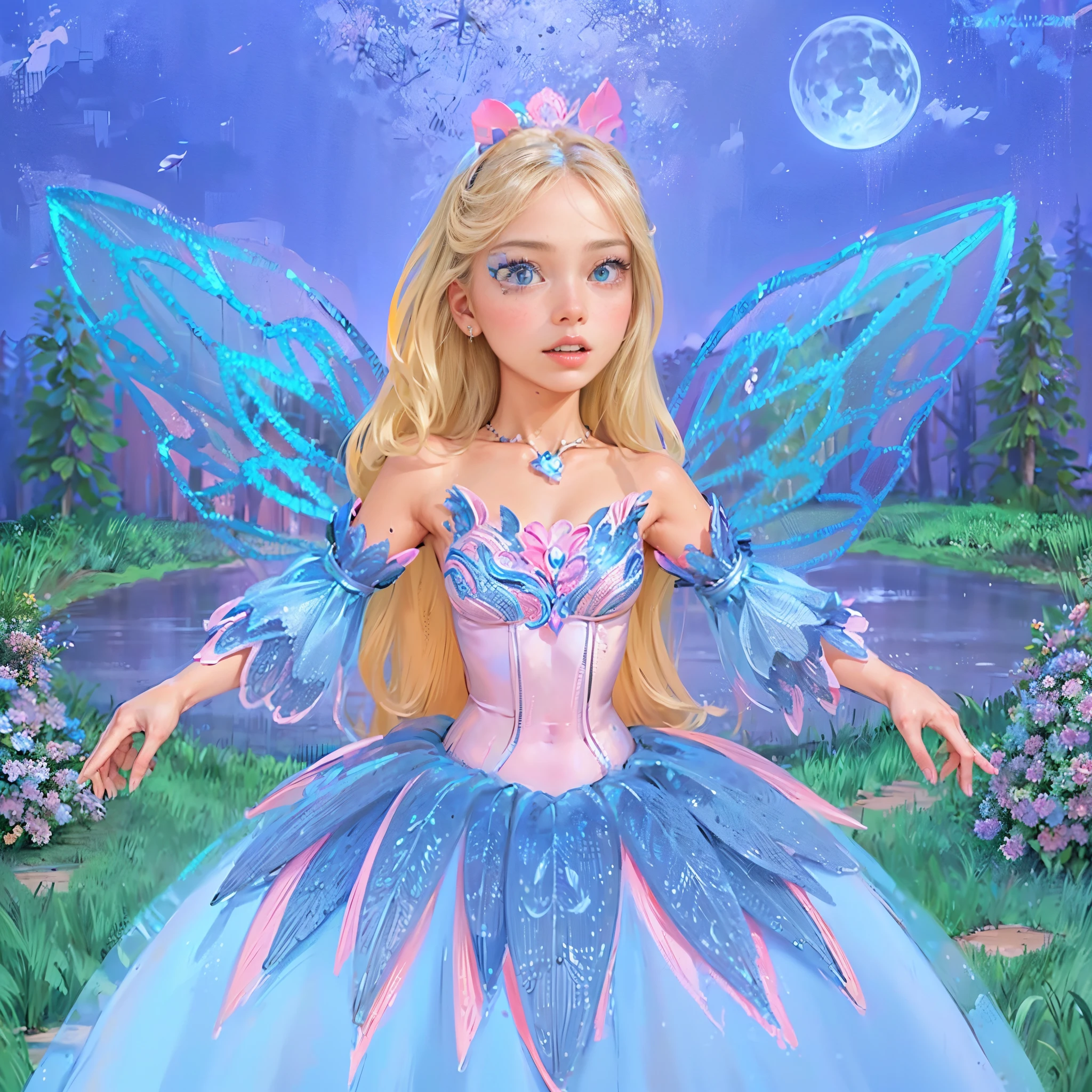 Sexy barbie wear pink and light blue gown blonde long hair and blue fairy wings, barbie swan lake, forest and lake background, round moon,  masterpiece, best quality:1.2),(8k,highres,RAW photo,realistic,photo-realistic:1.3),(detailed skin texture,detailed cloth texture,beautiful detailed face:1.25),professional lighting,photon mapping,beautiful soft light,radiosity,physically-based rendering,model shoot style, model shoot style, (extremely detailed CG unity 8k wallpaper), full shot body photo of the most beautiful artwork in the world, complex 3d render ultra detailed, looking at viewer, 18 yo, wet hair, real human skin, vibrant details, hyperrealistic, beautiful, octane render, 8k, best quality, masterpiece, an extremely delicate and beautiful, extremely detailed ,CG ,unity ,wallpaper, (realistic, photo-realistic:1.37),Amazing, finely detail, masterpiece,best quality,official art, extremely detailed CG unity 8k wallpaper ,extreme detailed eyes, (perfect face), shiny skin, colorful, highest detailed, vibrant colors, ultra high res, (high contrast), intricate